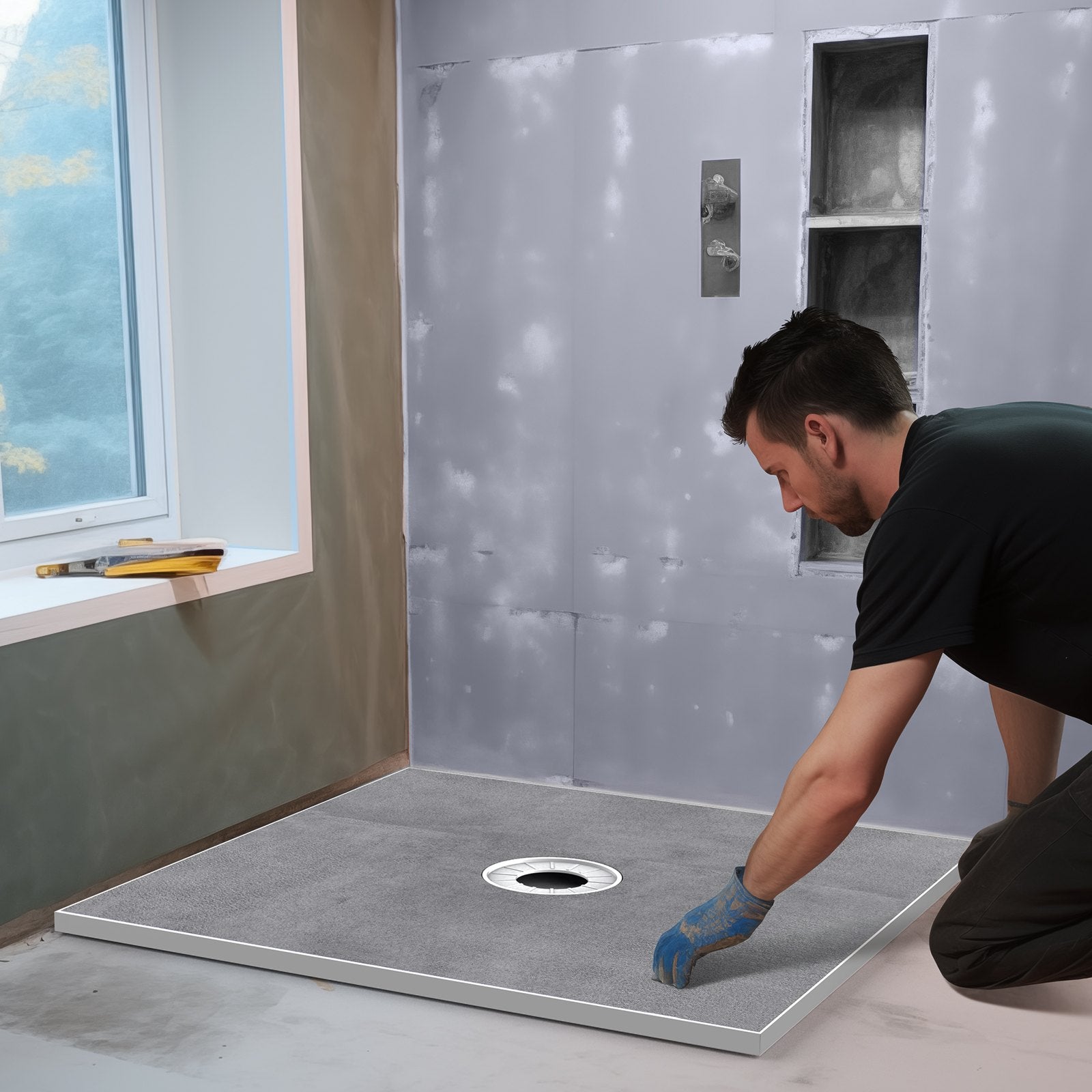 VEVOR Shower Curb Kit, 914x914mm Shower Pan Kit with 160mm Central Drain, Lightweight EPS Shower Installation Kits with 2 Waterproof Cloths, Shower Pan Slope Sticks Fit for Bathroom