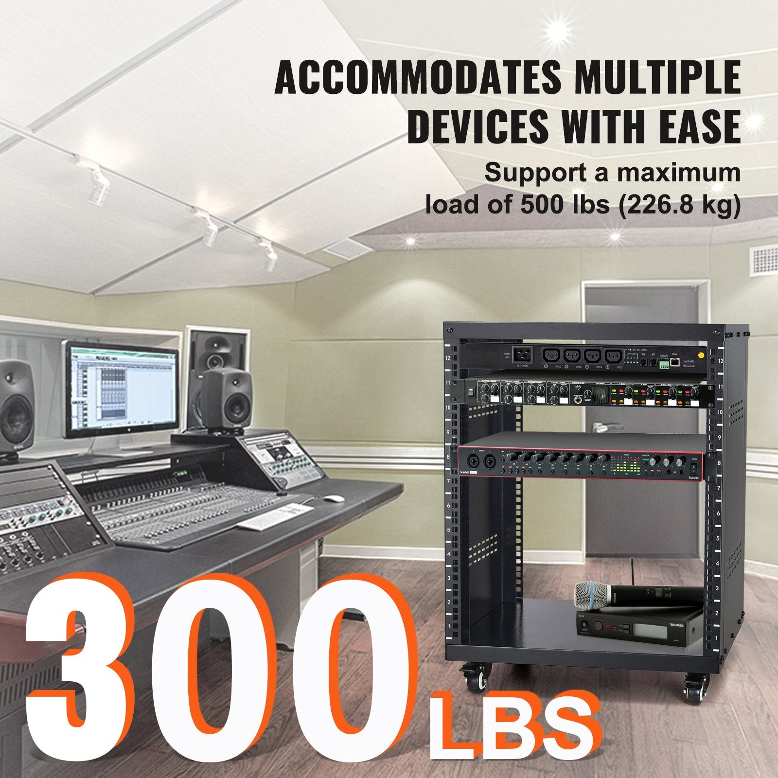 VEVOR 12U AV Rack Stand, 136.08kg Capacity, Network Stereo Recording Studio Rack with Lockable Caster Wheels Round & Square Holes, Special Vent for 482.6 mm Audio Video Musical & IT Equipment Mounting