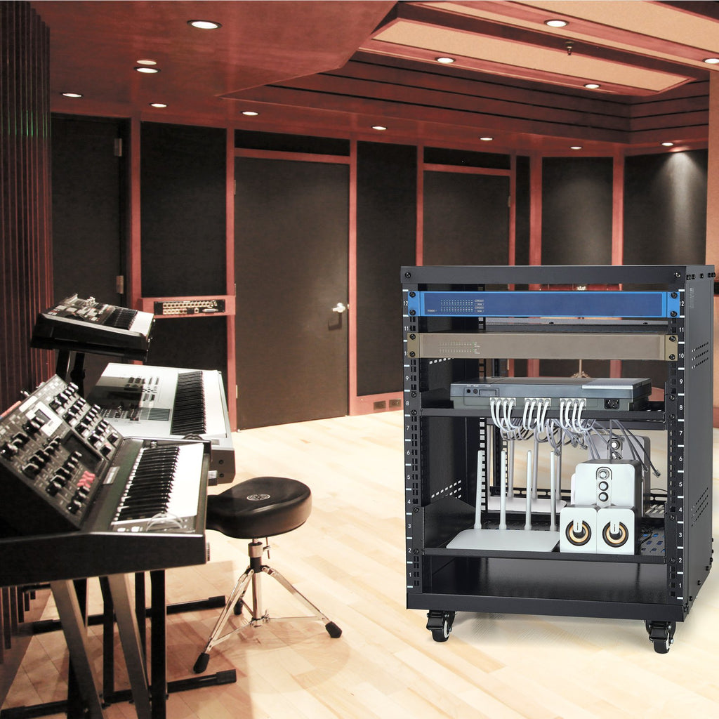 VEVOR 12U AV Rack Stand, 136.08kg Capacity, Network Stereo Recording Studio Rack with Lockable Caster Wheels Round & Square Holes, Special Vent for 482.6 mm Audio Video Musical & IT Equipment Mounting