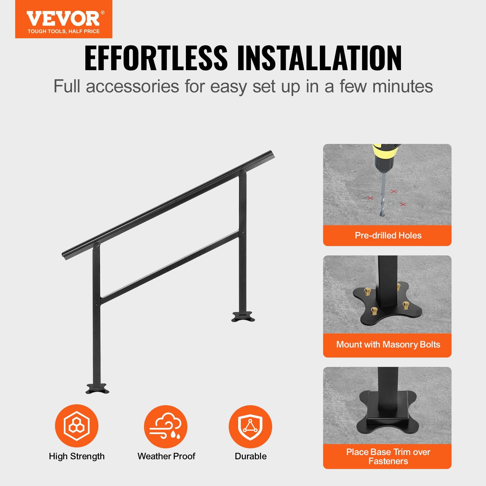 VEVOR Handrail Outdoor Stairs 47.6 X 35.2 Inch Outdoor Handrail Outdoor Stair Railing Adjustable from 0 to 30 Degrees Handrail for Stairs Outdoor Aluminum Black Stair Railing Fit 3-4 Steps