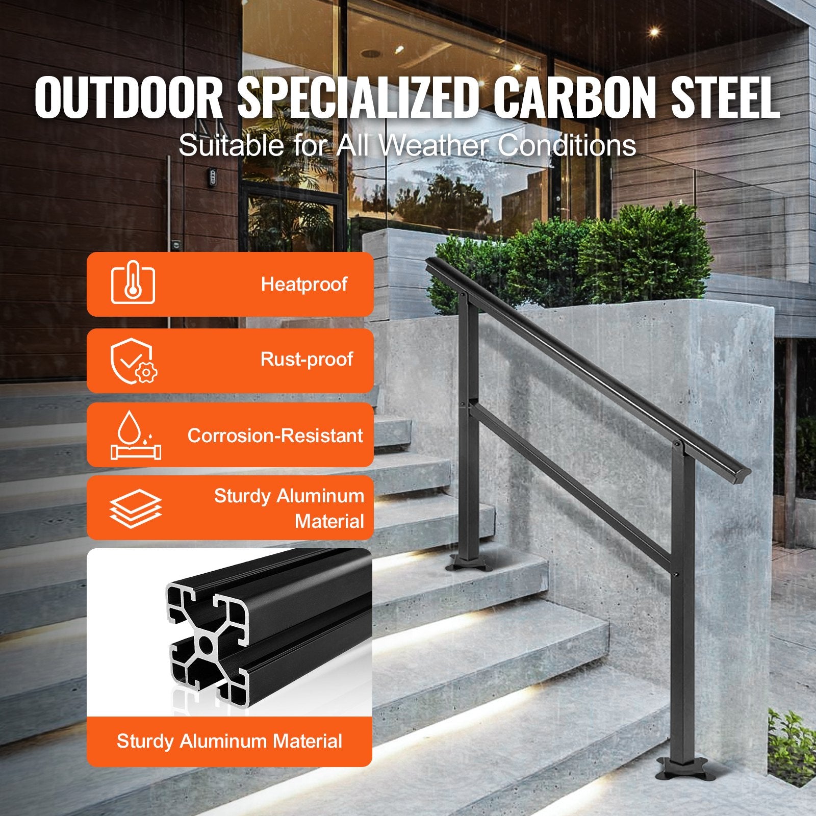 VEVOR Handrail Outdoor Stairs 47.6 X 35.2 Inch Outdoor Handrail Outdoor Stair Railing Adjustable from 0 to 30 Degrees Handrail for Stairs Outdoor Aluminum Black Stair Railing Fit 3-4 Steps