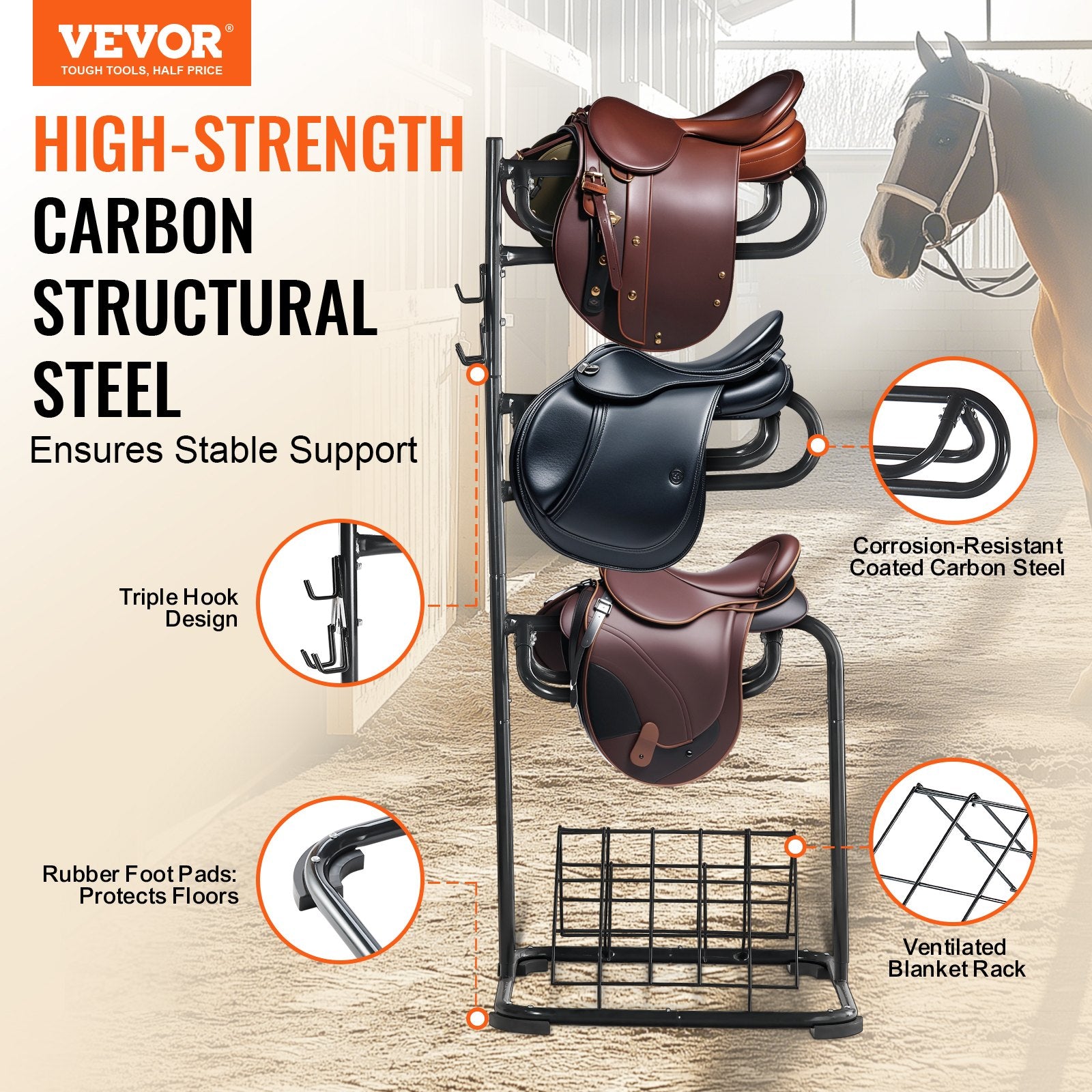 VEVOR Freestanding Saddle Stand, 30 x 30 x 68.5 in, 3 Tiers Saddle Rack, Heavy Duty Saddle Blanket Holder with Removable & Rotating Tiers, English & Western Saddle Rack for Tack Room Organization