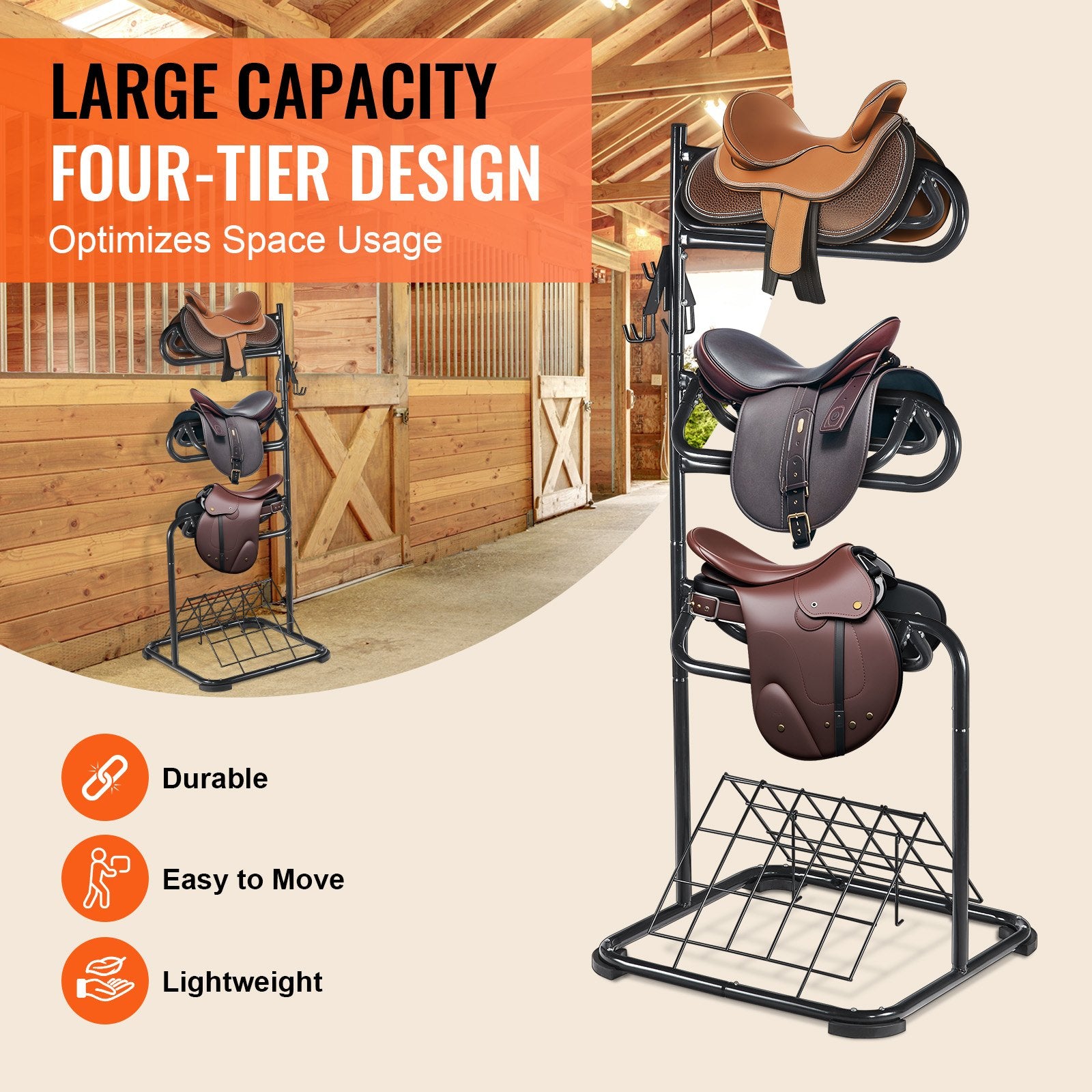 VEVOR Freestanding Saddle Stand, 30 x 30 x 68.5 in, 3 Tiers Saddle Rack, Heavy Duty Saddle Blanket Holder with Removable & Rotating Tiers, English & Western Saddle Rack for Tack Room Organization