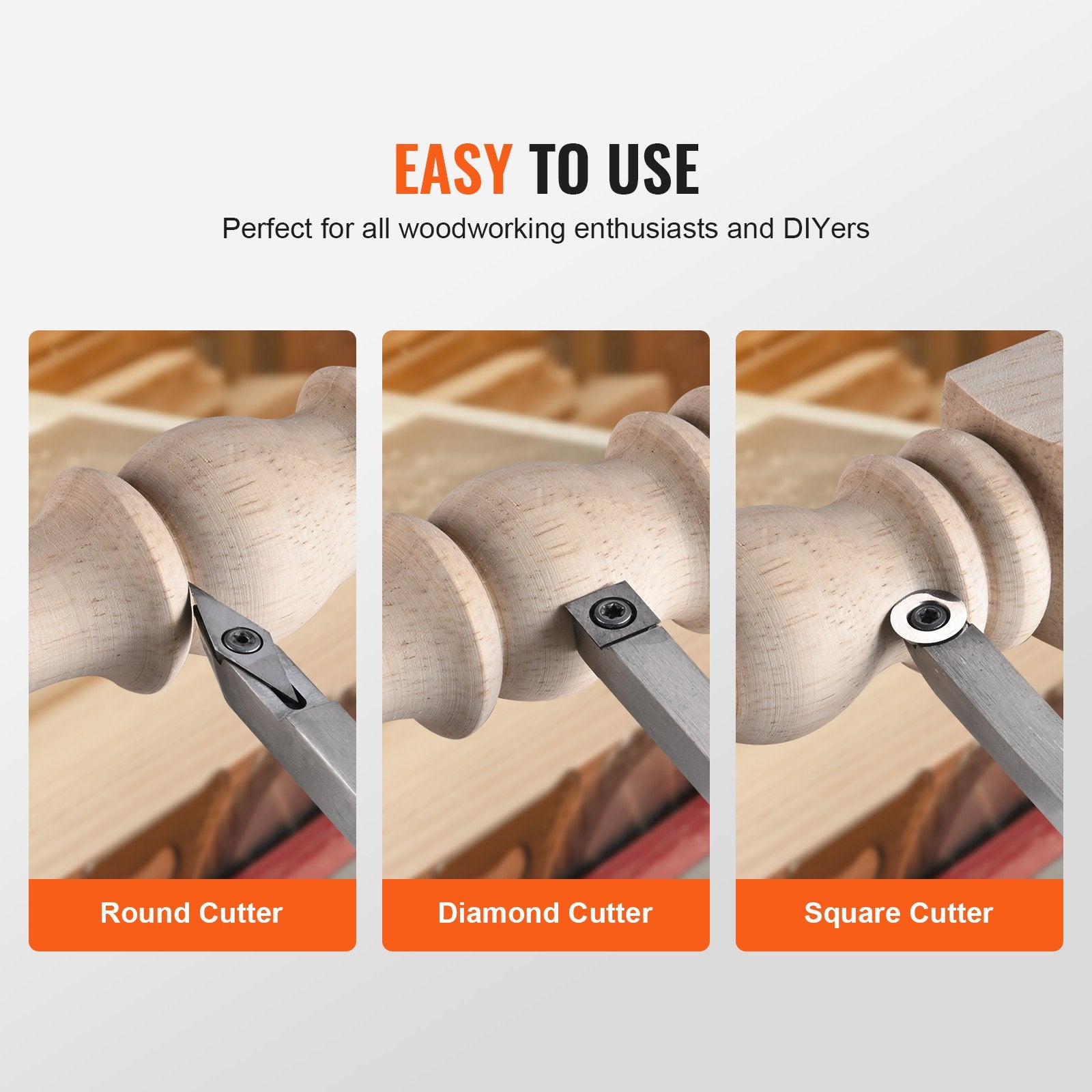 VEVOR Wood Lathe Chisel Set, 3 PCS Woodworking Turning Tools, Includes Square, Round, Diamond Carbide Blades, 20 cm Comfortable Grip Handles, Wood Chisel Set with Wooden Box For Turning Pens or Small
