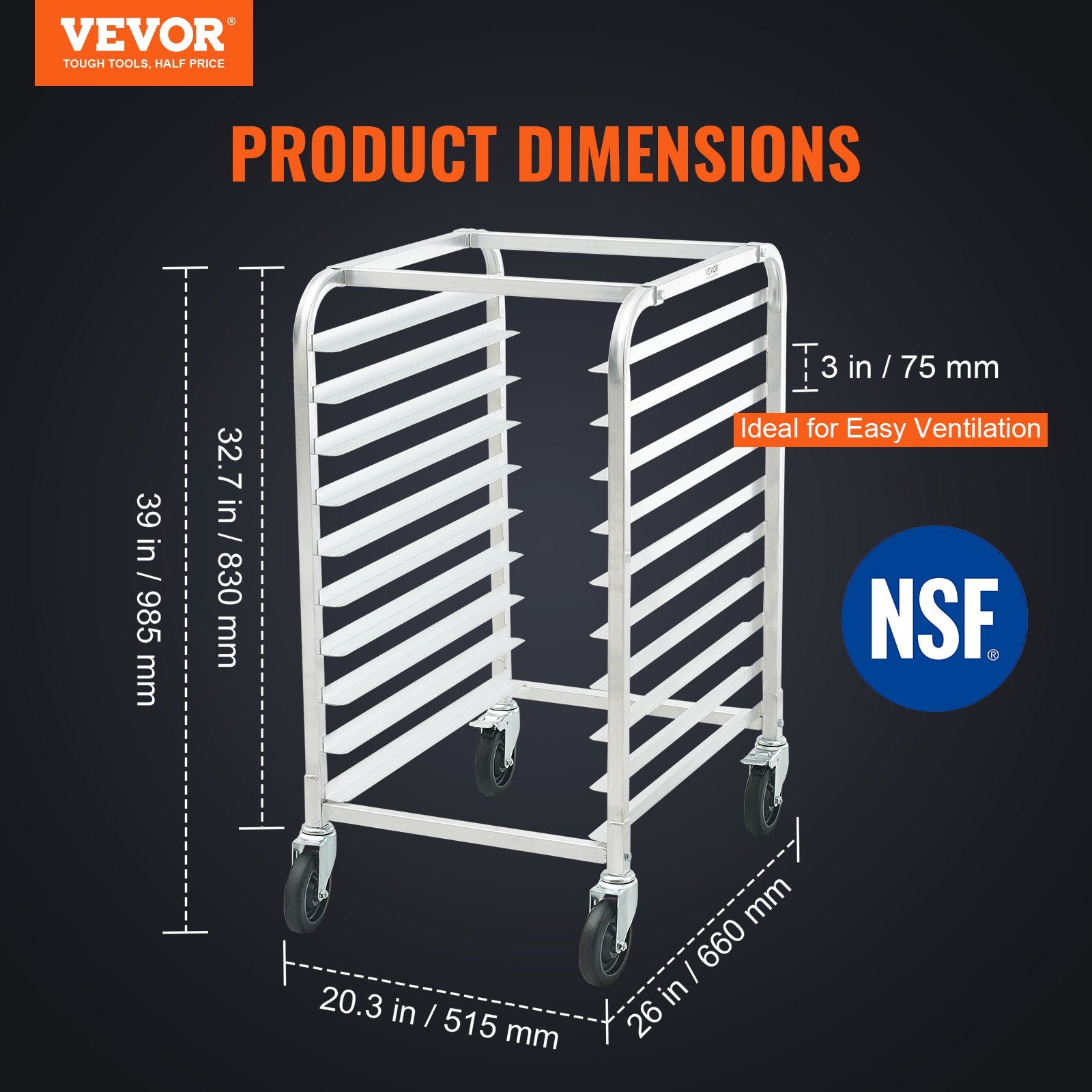 VEVOR Bun Pan Rack, 10-Tier Commercial Bakery Racks with Brake Wheels, Aluminum Racking Trolley Storage for Half & Full Sheet, Speed Rack For Kitchen Home, Bread Baking Equipment, 660x515x985 mm