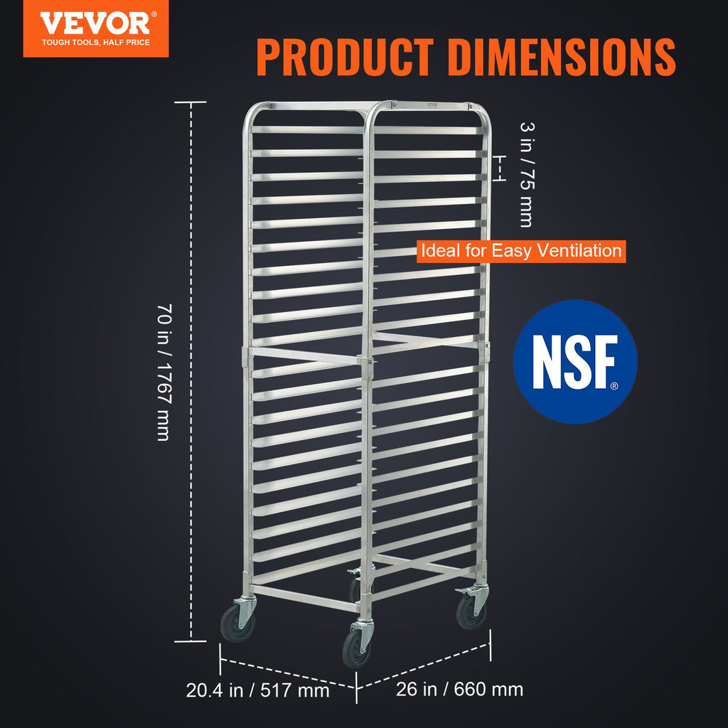 VEVOR Bun Pan Rack, 20-Tier Commercial Bakery Racks with Brake Wheels, Aluminum Racking Trolley Storage for Half & Full Sheet, Speed Rack For Kitchen Home, Bread Baking Equipment, 660x517x1767 mm