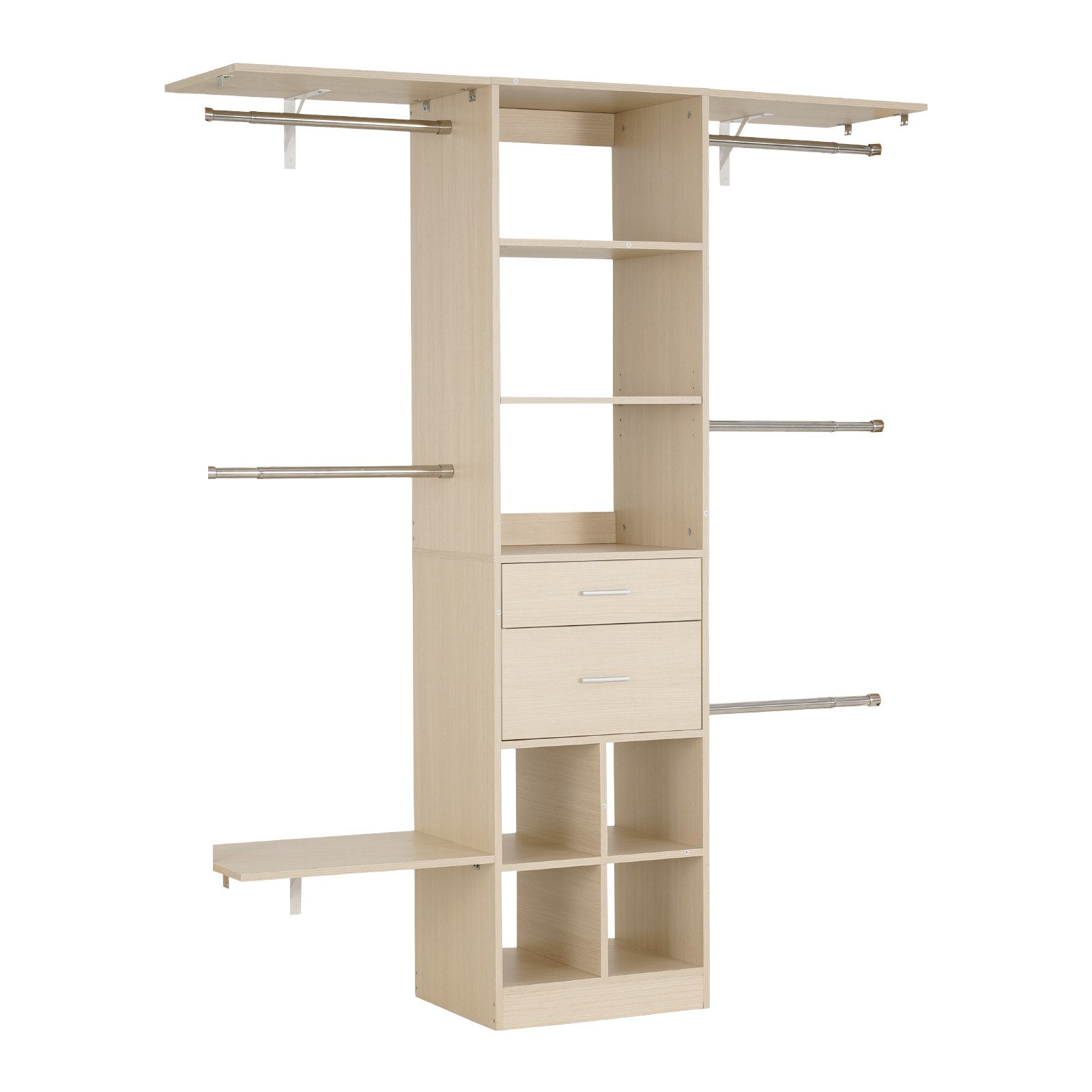 VEVOR Closet System with 2 Drawers, Adjustable Height Wooden Closet Organizers, Modern Walk-in Wardrobe Organization with 5 Retractable Clothes Hanger Rods, Freestanding Garment Rack Storage, Grey