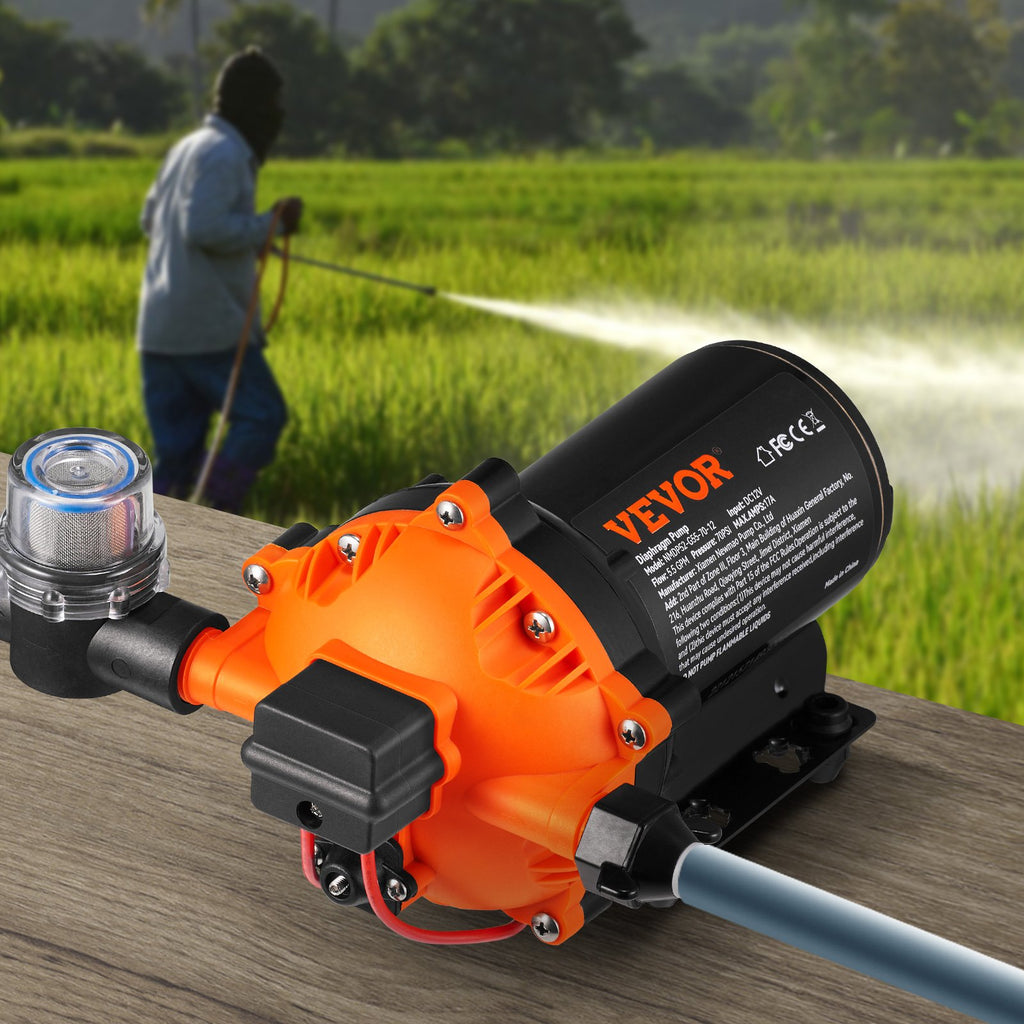 VEVOR Water Diaphragm Pump, 20.8 LPM Flow, 4.8 bar Rated Pressure (2.8-6.9 bar Adjustable), 12.7 mm MNPT Self Priming Sprayer Pump with Pressure Switch for RV Camper Marine Boat Lawn, FCC Certified