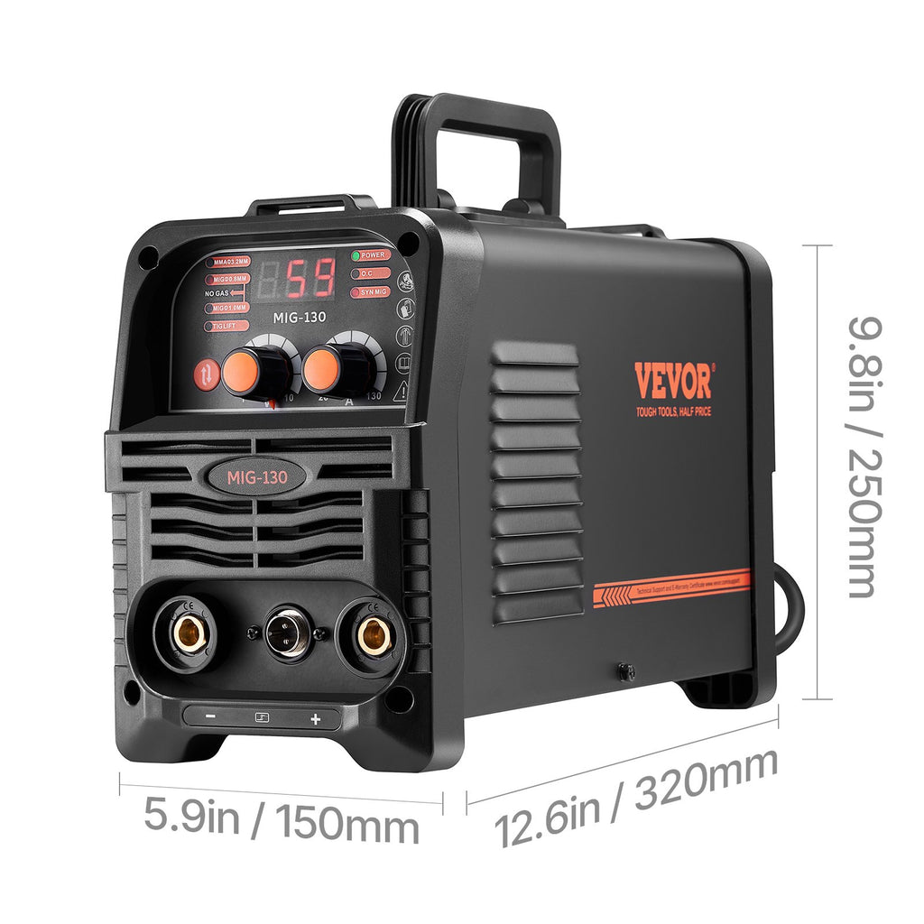 VEVOR MIG Welder, 130Amp Synergic Mig Welding Machine, 3-in-1 Flux Core MIG/Stick/Lift TIG Multi-Process Welder Machine, Portable Mig Welder with IGBT Inverter Technology & Digital Display Screen