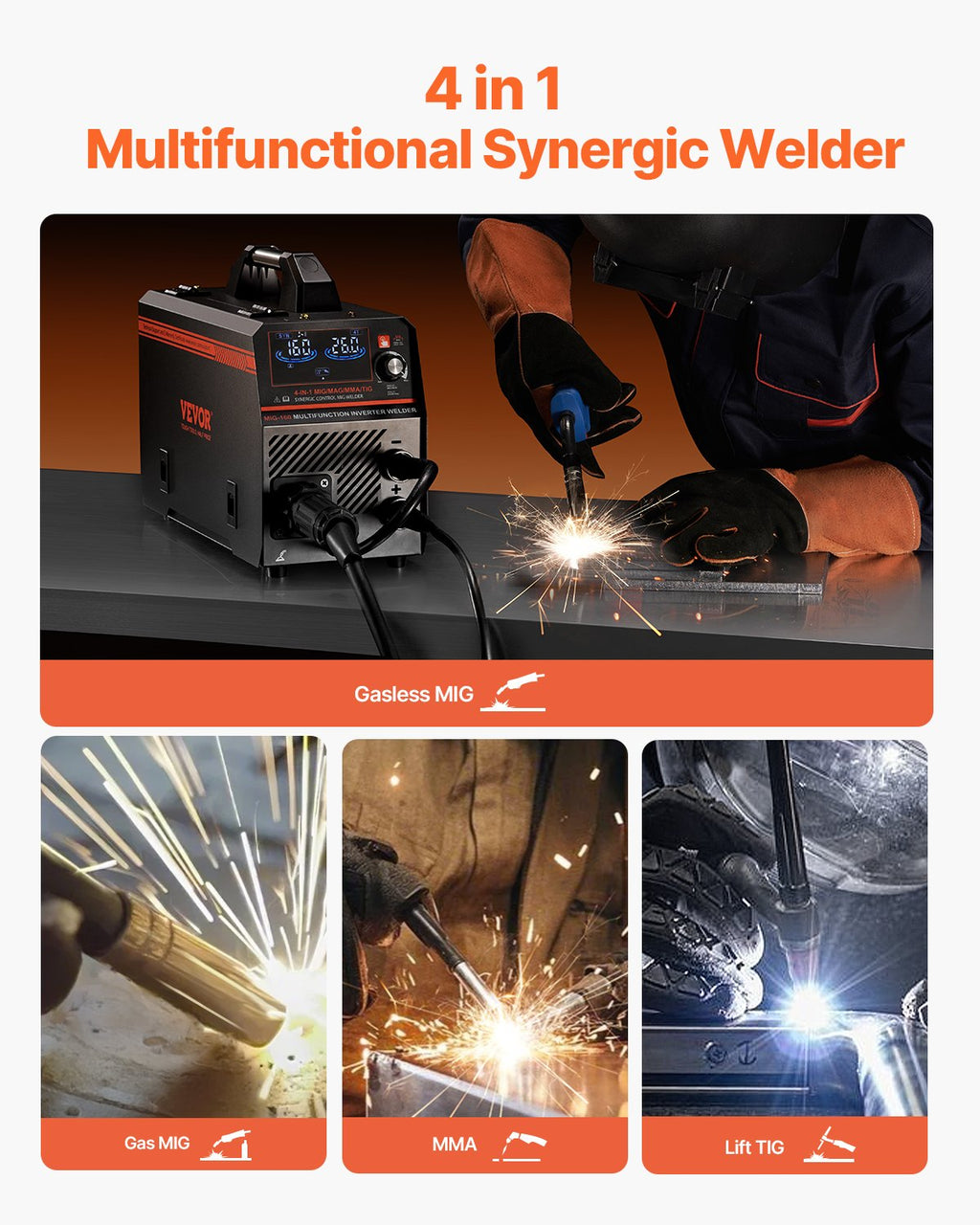 VEVOR MIG Welder, 160A Synergic Mig Welding Machine, 4-in-1 Gas MIG/Flux Core MIG/Stick/Lift TIG Multi-Process Welder Machine with IGBT Inverter Technology and LCD Screen Display