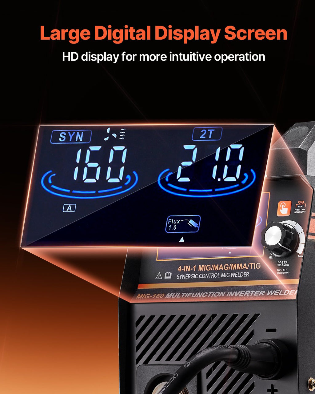 VEVOR MIG Welder, 160A Synergic Mig Welding Machine, 4-in-1 Gas MIG/Flux Core MIG/Stick/Lift TIG Multi-Process Welder Machine with IGBT Inverter Technology and LCD Screen Display