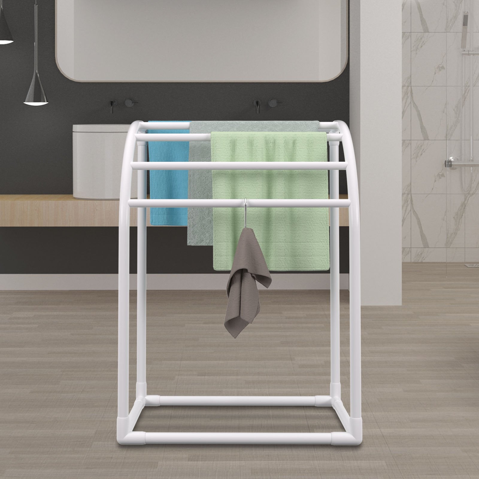 VEVOR Pool Towel Rack, 5 Bar, Milky, Freestanding Outdoor PVC Curved Poolside Storage Organizer, Include 8 Towel Clips, Mesh Bag, Hook, Also Stores Floats and Paddles, for Beach, Swimming Pool, Home