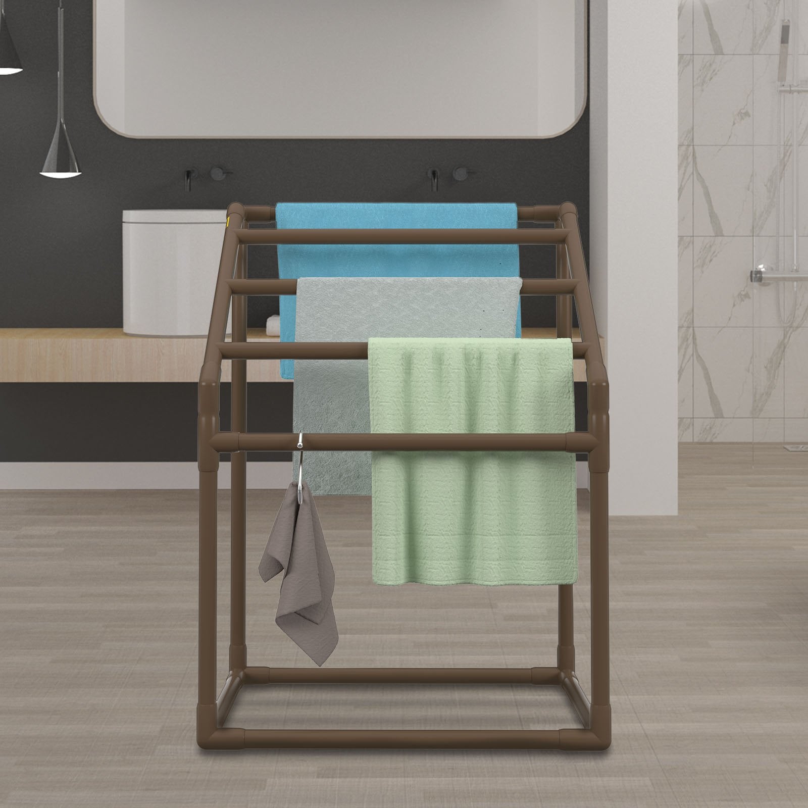 VEVOR Pool Towel Rack, 5 Bar, Brown, Freestanding Outdoor PVC Trapedozal Poolside Storage Organizer, Include 8 Towel Clips, Mesh Bag, Hook, Also Stores Floats and Paddles, for Beach, Swimming Pool