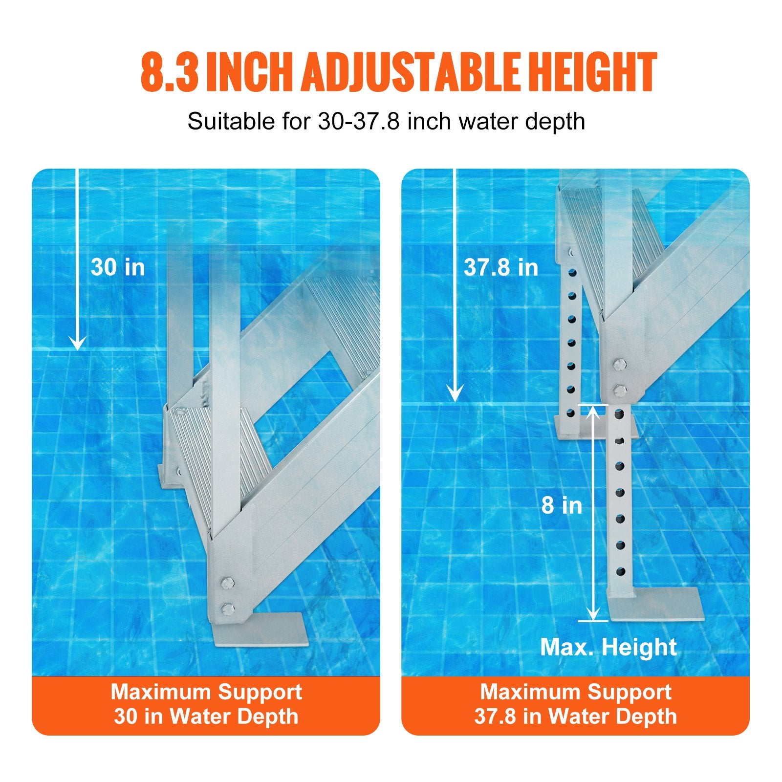 VEVOR Dock Ladder 4 Step, Dock Stairs 30''-38'' Adjustable Height, 227 kgs Load Capacity, Aluminum Pontoon Boat Ladder with Dual Handrails & Nonslip Mat for Ship/Lake/Pool/Marine Boarding