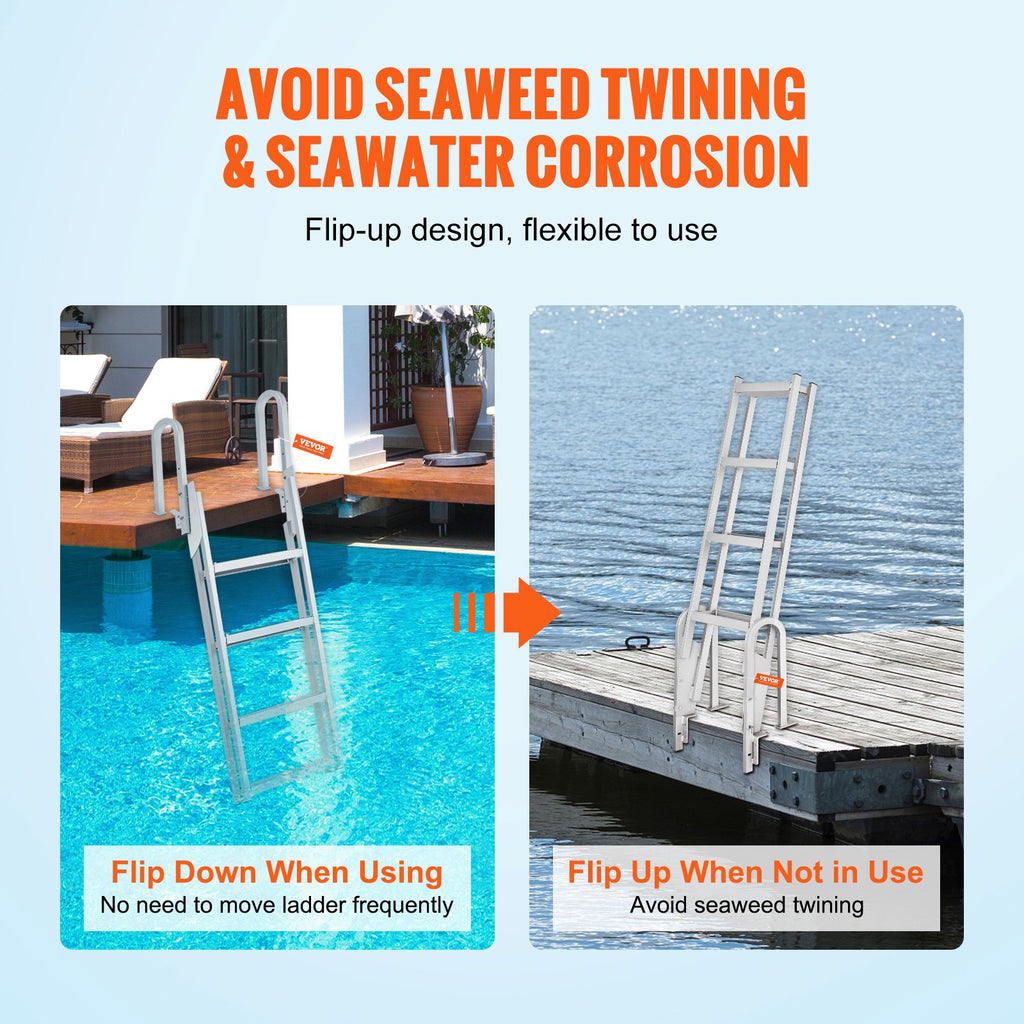 VEVOR Dock Ladder Flip Up 4 Steps, 159 kg Load Capacity, Aluminum Pontoon Boat Ladder with 4" Wide Step & Nonslip Mat,Swimm Step Ladder for Ship/Lake/Pool/Marine Boarding