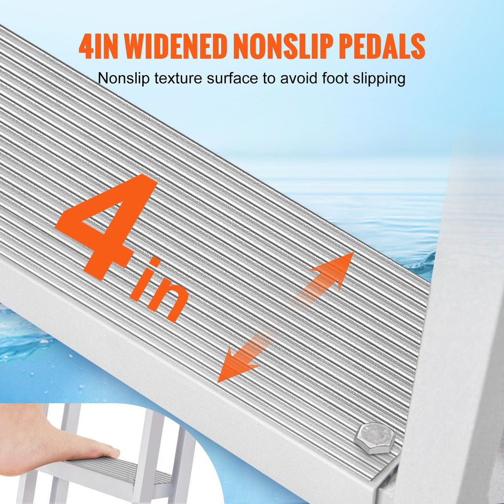 VEVOR Dock Ladder Flip Up 4 Steps, 159 kg Load Capacity, Aluminum Pontoon Boat Ladder with 4" Wide Step & Nonslip Mat,Swimm Step Ladder for Ship/Lake/Pool/Marine Boarding