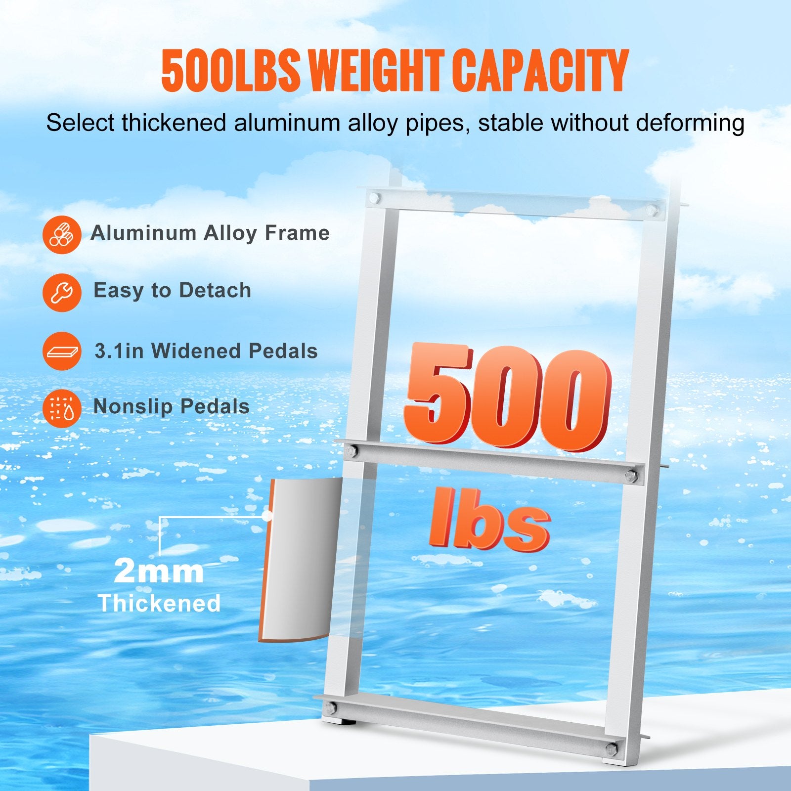 VEVOR Dock Ladder, Removable 3 Steps, 227 kg Load Capacity, Aluminum Alloy Pontoon Boat Ladder with 7.9 cm Wide Step & Nonslip Rubber Mat, Easy to Install for Ship/Lake/Pool/Marine Boarding