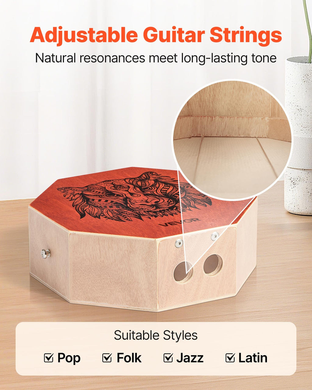 VEVOR Unique Cajon Box Drum, with Internal  Guitar Strings, Portable Wooden Percussion Box, Birch Wood Drum Musical Instrument with Adjustable Strap, for Beginners & Professionals, 295 x 295 x 100 mm