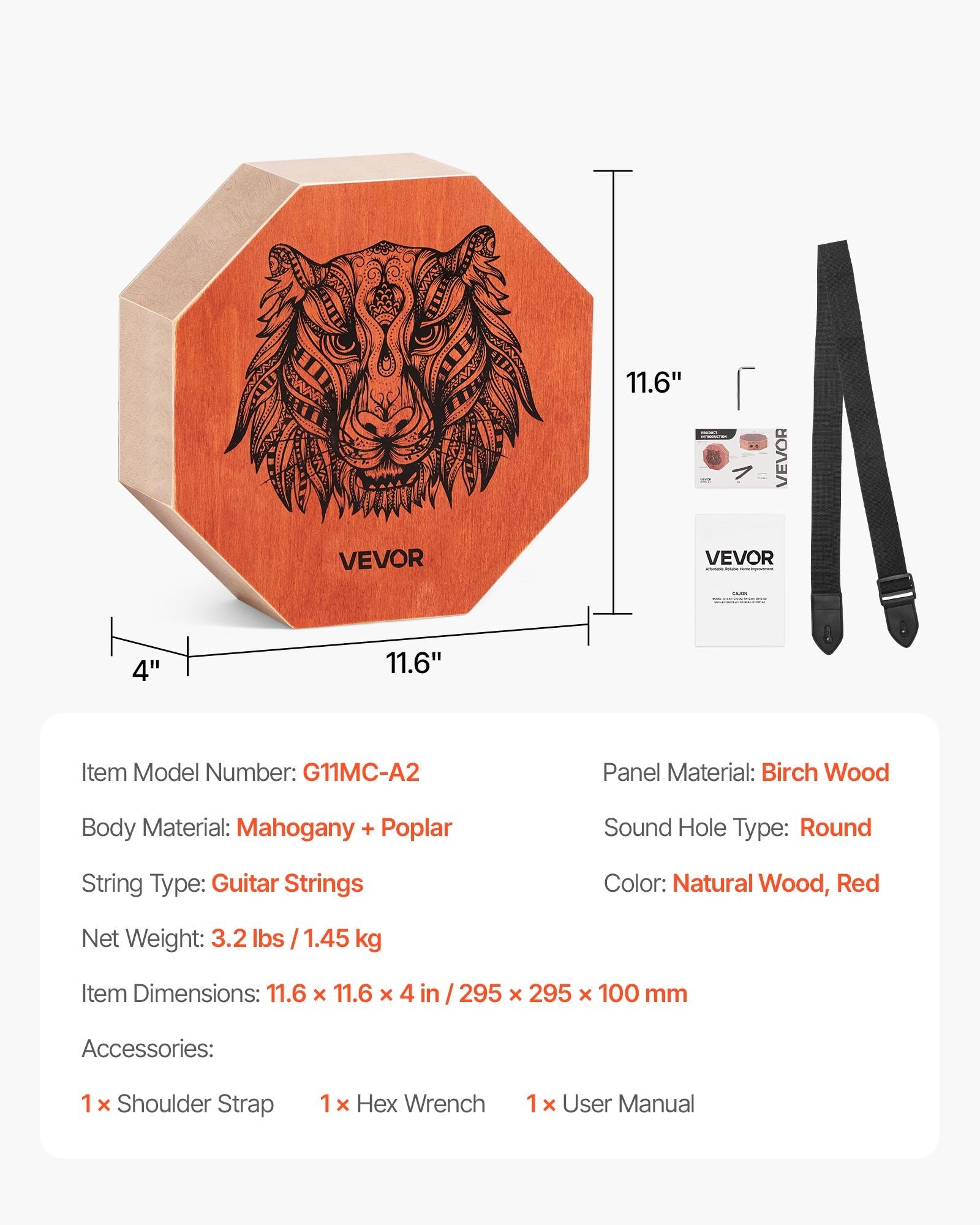 VEVOR Unique Cajon Box Drum, with Internal  Guitar Strings, Portable Wooden Percussion Box, Birch Wood Drum Musical Instrument with Adjustable Strap, for Beginners & Professionals, 295 x 295 x 100 mm