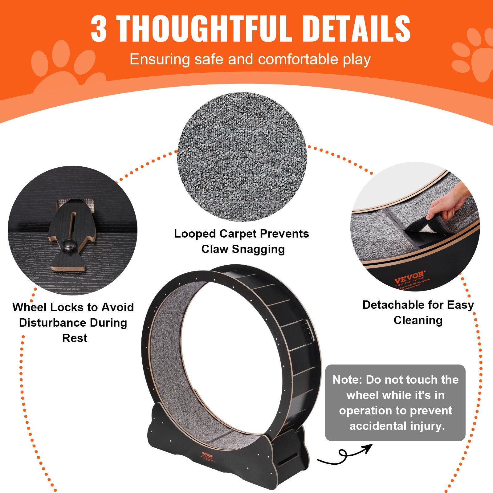 VEVOR Wooden Cat Exercise Wheel, 43.3" Large Cat Treadmill Wheel for Indoor Cats, Cat Running Wheel with Detachable Carpet & Cat Teaser for Running/Walking/Training, Suitable for Most Cats
