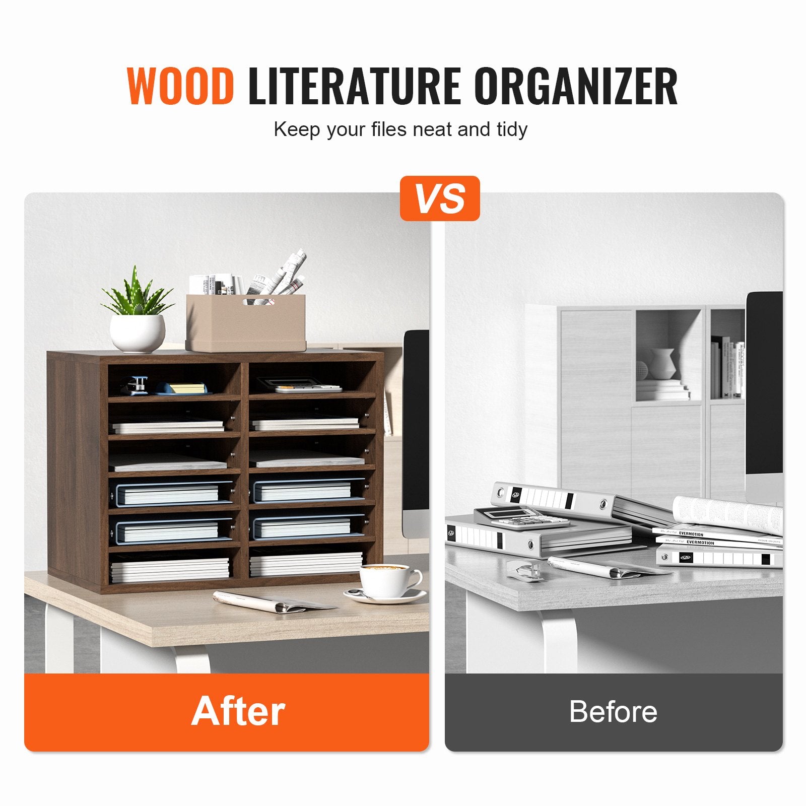 VEVOR Wood Literature Organizer Adjustable File Sorter 12 Compartments Brown
