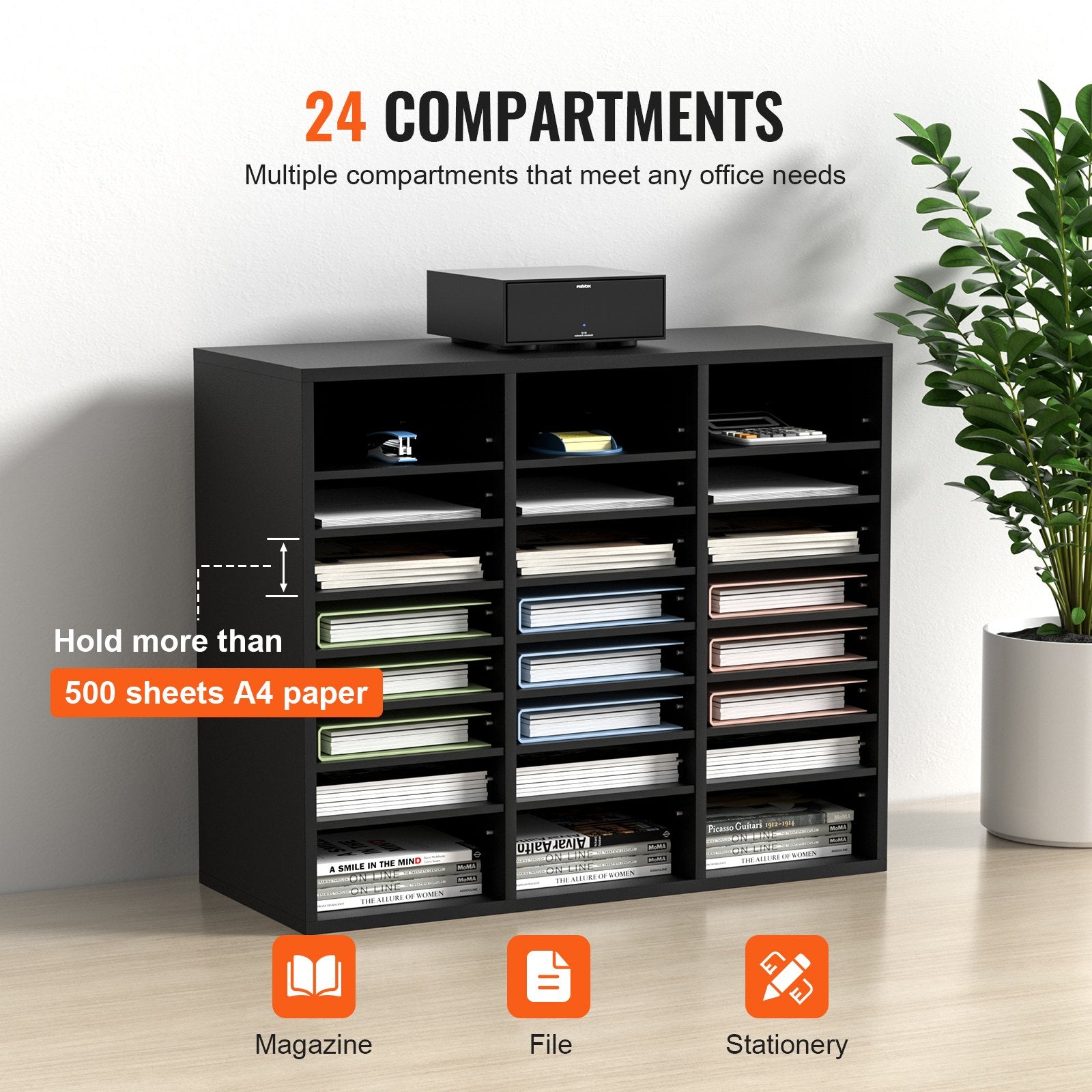 VEVOR Wood Literature Organizer Adjustable File Sorter 24 Compartments Black