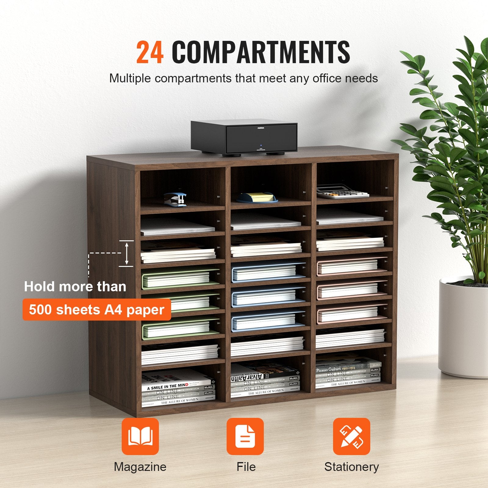 VEVOR Wood Literature Organizer Adjustable File Sorter 24 Compartments Brown