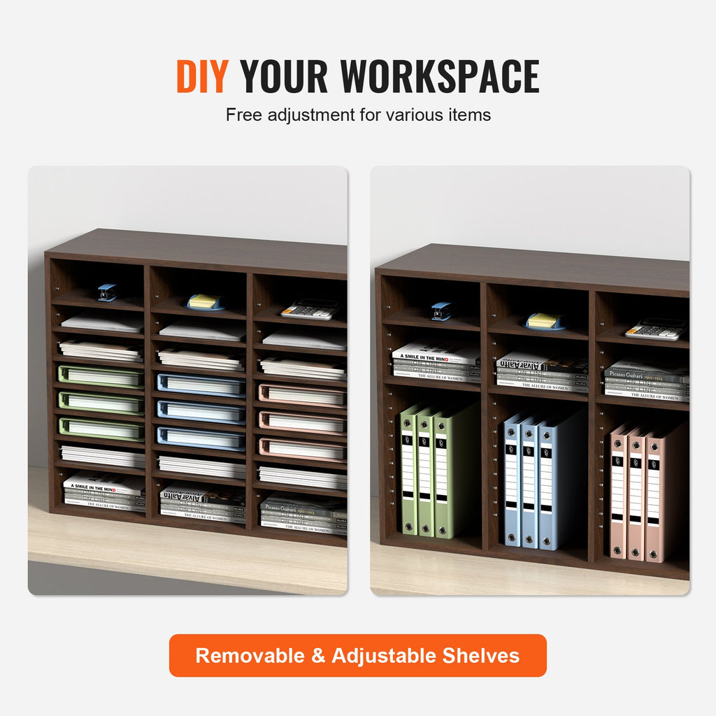 VEVOR Wood Literature Organizer Adjustable File Sorter 24 Compartments Brown