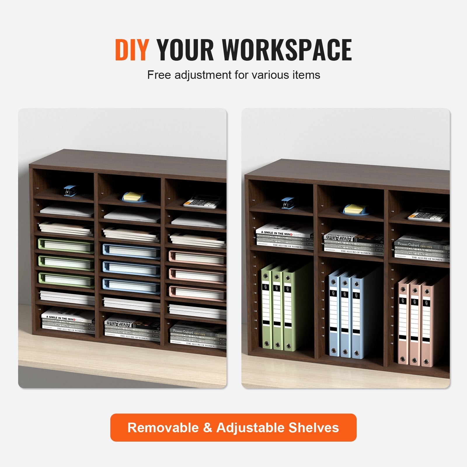 VEVOR Wood Literature Organizer Adjustable File Sorter 24 Compartments Brown