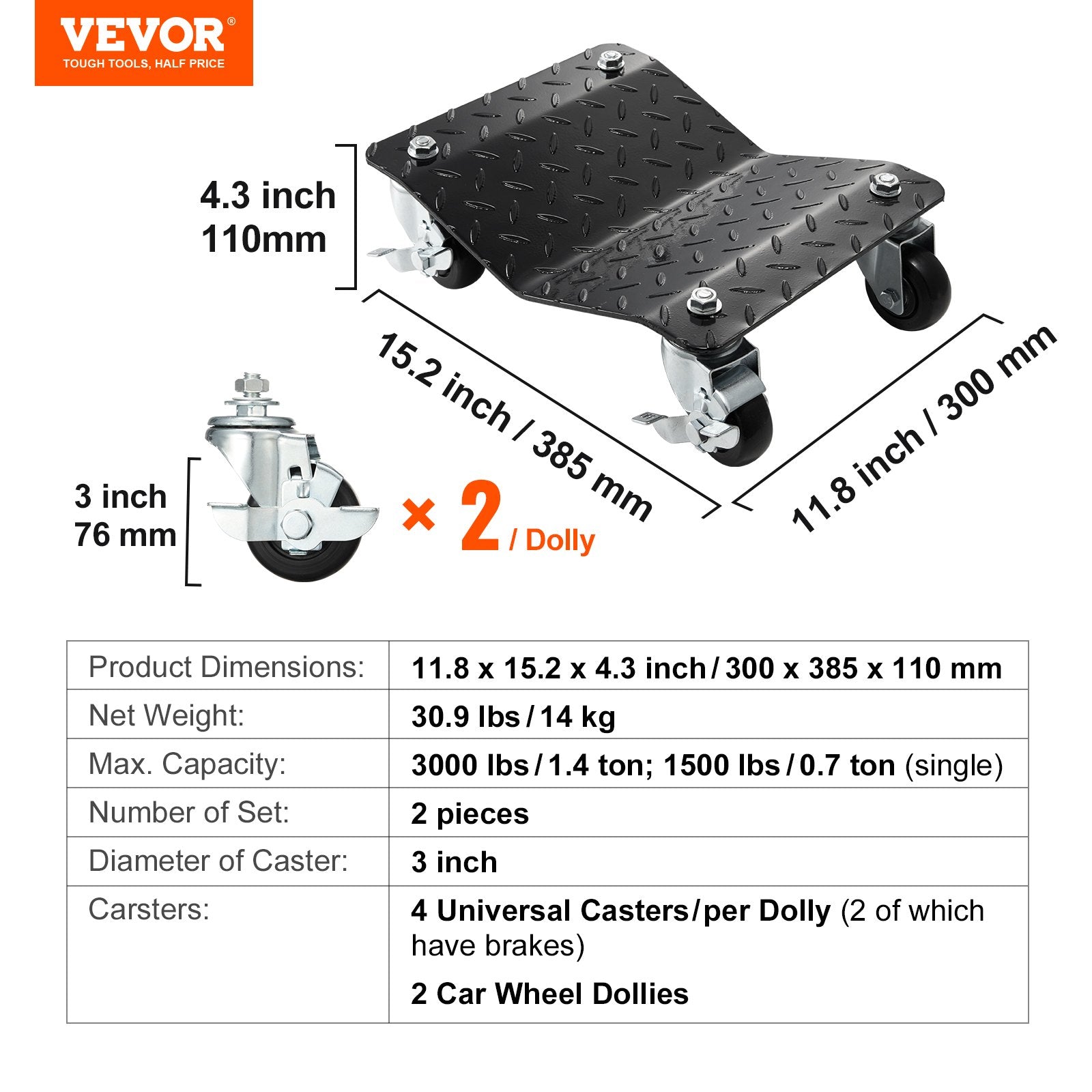 VEVOR Car Dolly Wheel Tire Dolly 2 PCS Heavy Duty Skate Auto Repair Dolly 3000LB