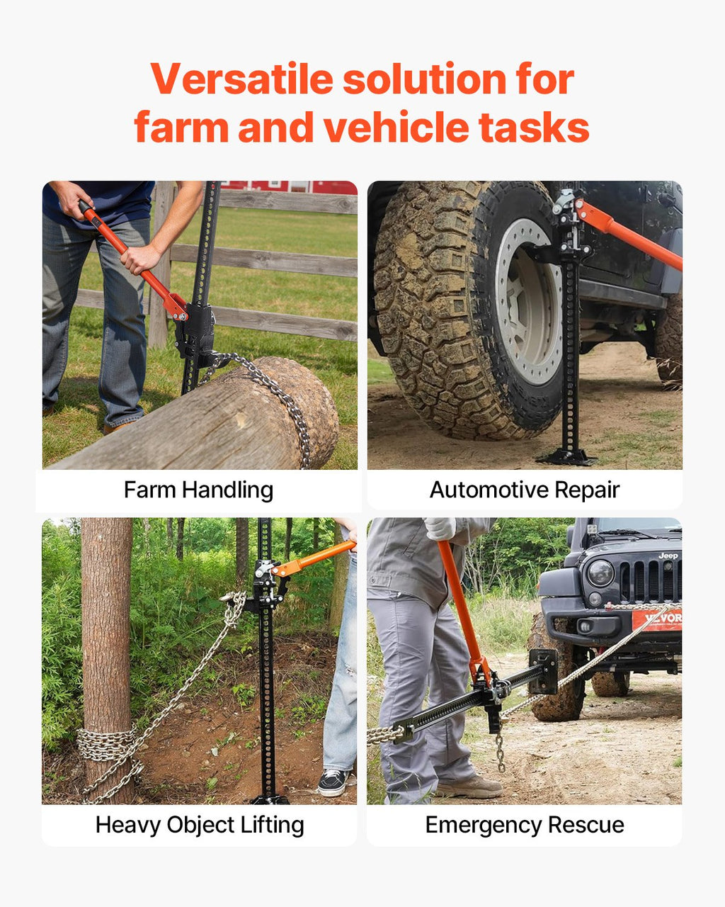 VEVOR Farm Jack, 152.5 cm Utility High Lift Farm Jack, 3.18 Ton Capacity Ratcheting Off Road Utility Jacks, Heavy-Duty Lift Jacks with 130.1-1380 mm Lifting Range for Tractor, Truck, SUV
