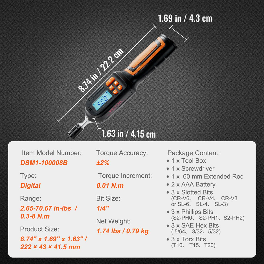 VEVOR Digital Torque Screwdriver 1/4" Range 2.65-70.67in/lb w/ 0.01N.m Increment