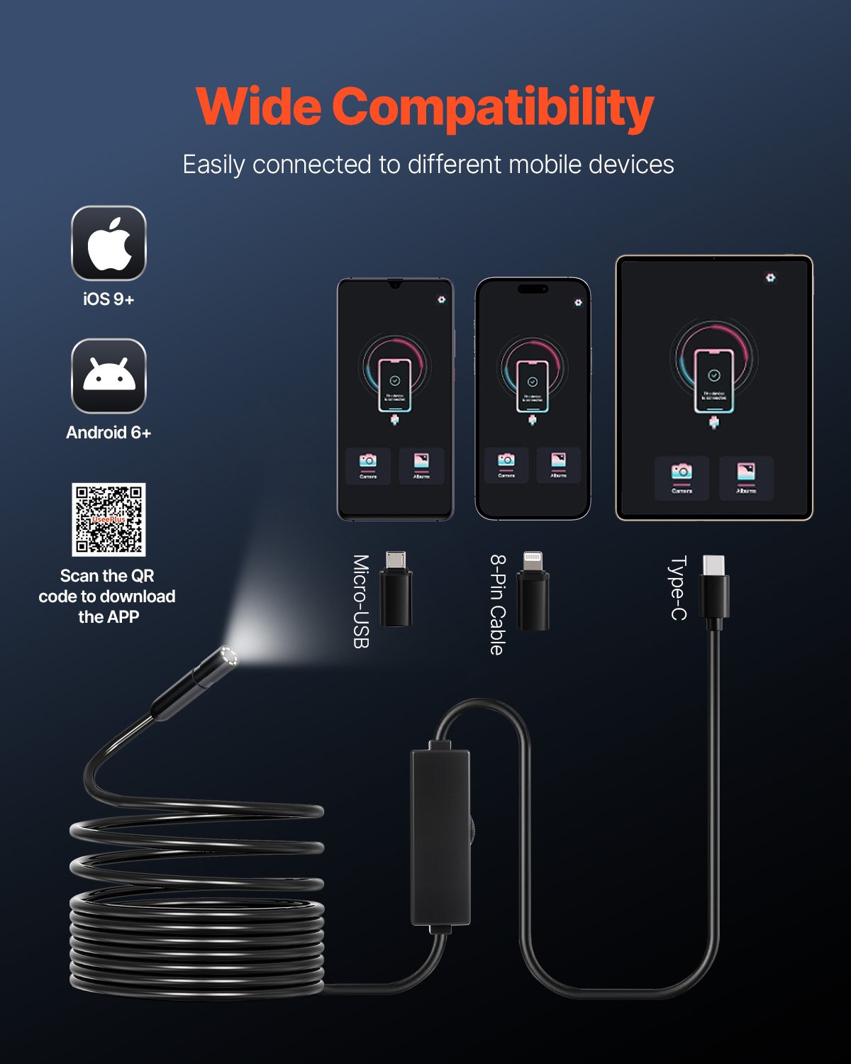 VEVOR Endoscope Camera with Light, 1920P HD Borescope for Android & IOS, 8 LED Lights Inspection Camera with 5m Semi-Rigid Cable, 2X Zoom, IP67 Waterproof Snake Scope Camera for Auto, Plumbing