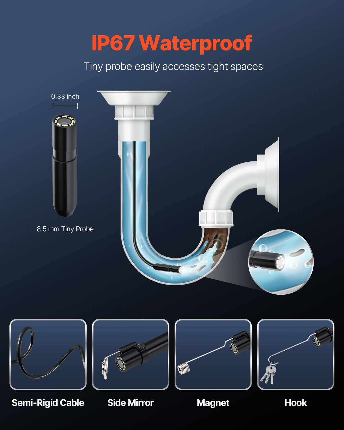 VEVOR Endoscope Camera with Light, 1920P HD Borescope for Android & IOS, 8 LED Lights Inspection Camera with 3m Semi-Rigid Cable, 2X Zoom, IP67 Waterproof Snake Scope Cameras for Auto, Plumbing