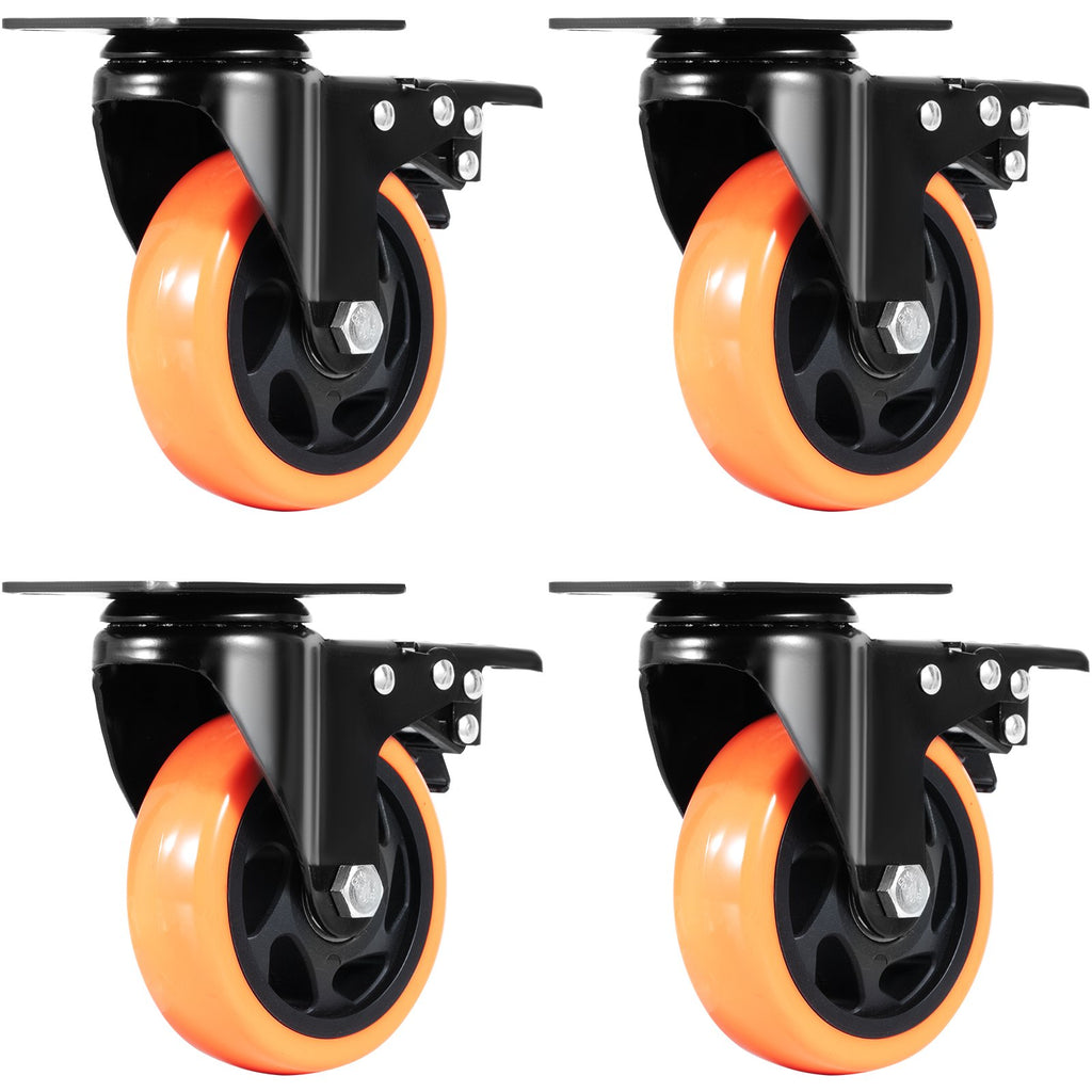 VEVOR Caster Wheels, 101.6 mm Swivel Plate Casters, Set of 4, with Security A/B Locking No Noise PVC Wheels, Heavy Duty 159 kg Load Capacity Per Caster, Non-Marking Wheels for Cart Furniture Workbench