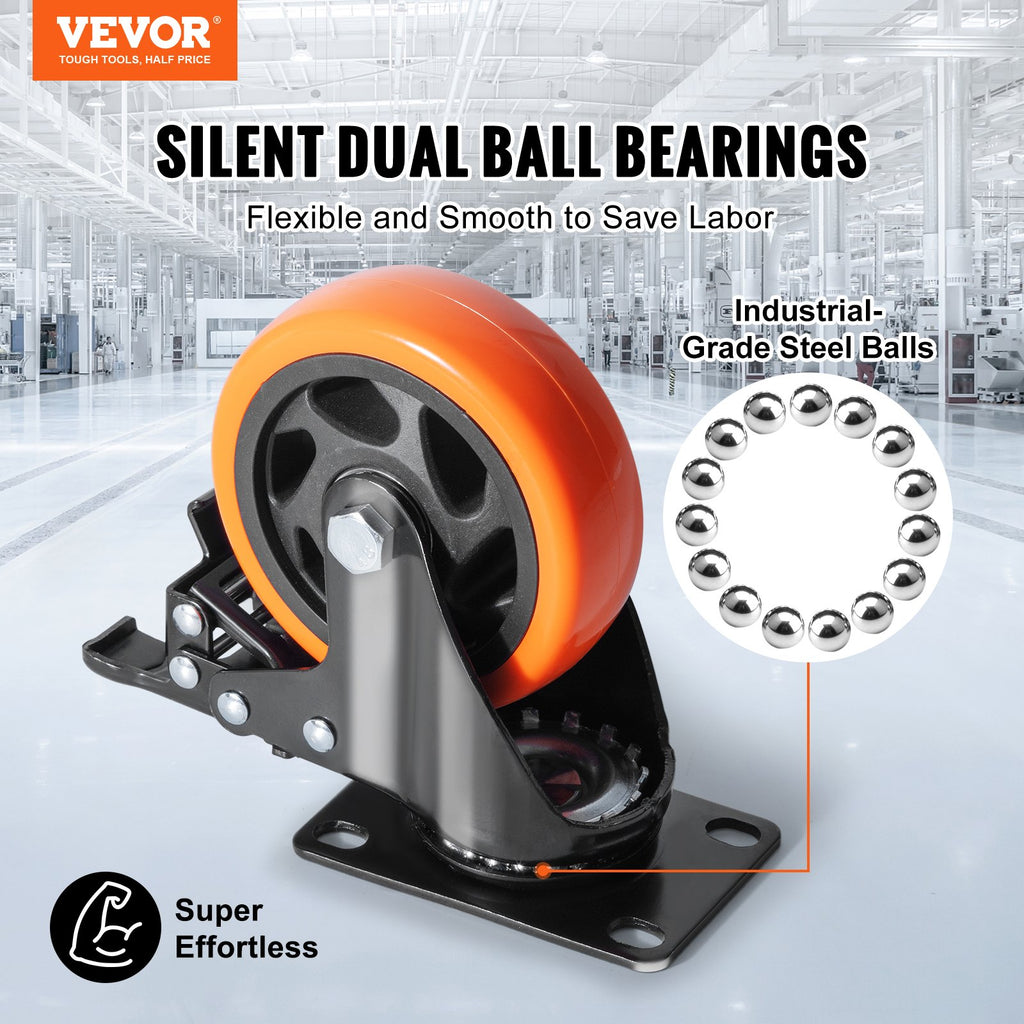 VEVOR Caster Wheels, 101.6 mm Swivel Plate Casters, Set of 4, with Security A/B Locking No Noise PVC Wheels, Heavy Duty 159 kg Load Capacity Per Caster, Non-Marking Wheels for Cart Furniture Workbench