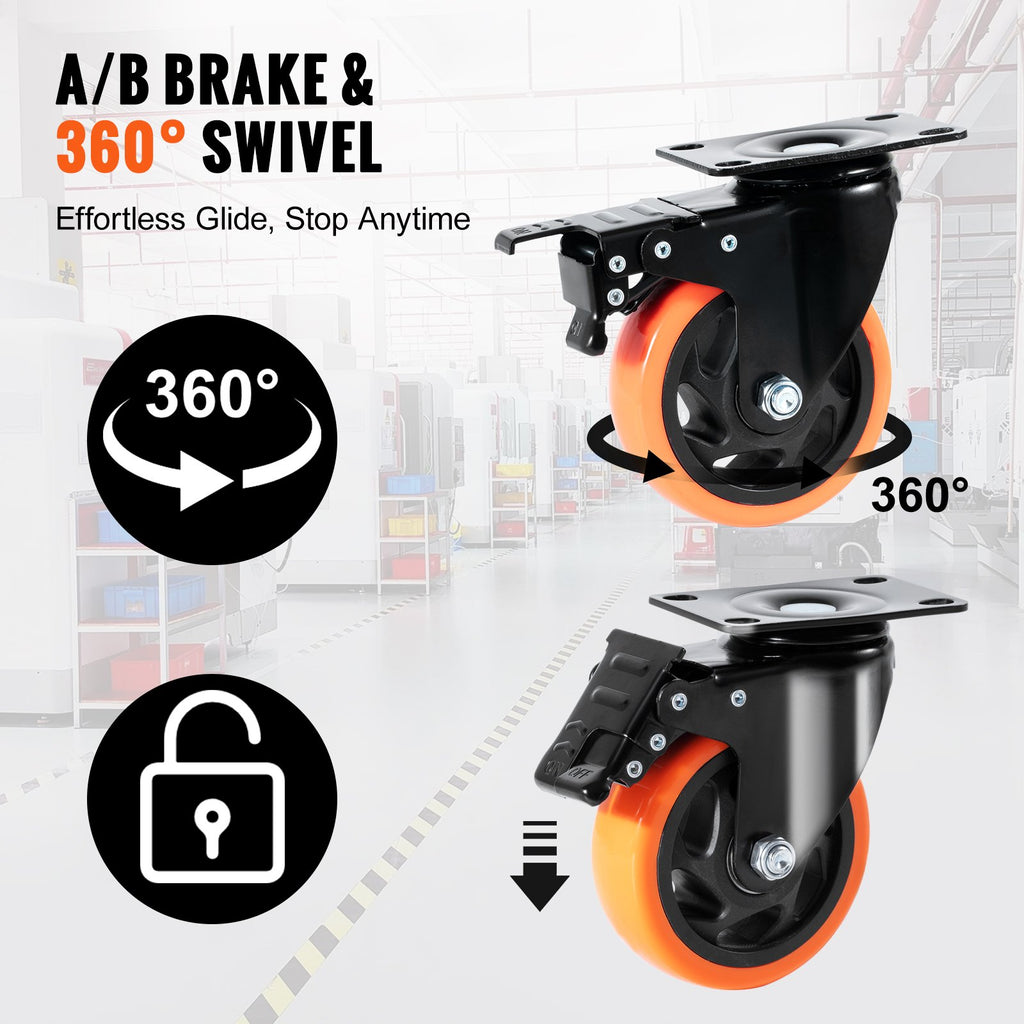 VEVOR Caster Wheels, 101.6 mm Swivel Plate Casters, Set of 4, with Security A/B Locking No Noise PVC Wheels, Heavy Duty 159 kg Load Capacity Per Caster, Non-Marking Wheels for Cart Furniture Workbench