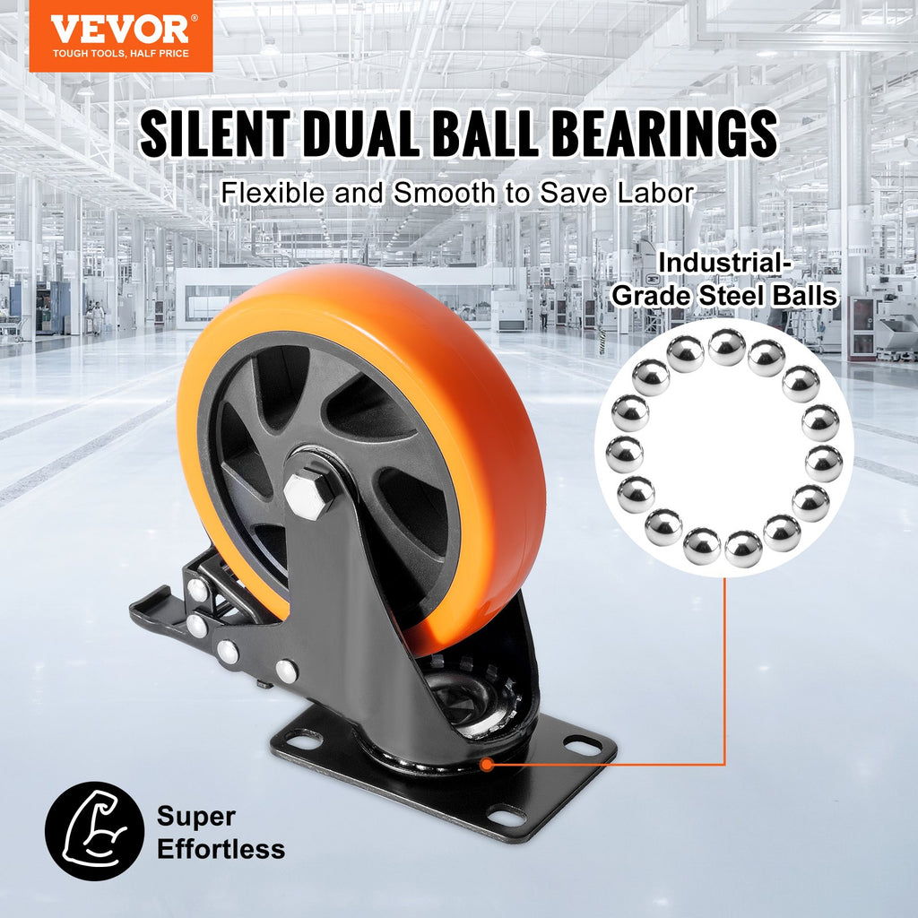 VEVOR Caster Wheels, 127 mm Swivel Plate Casters, Set of 4, with Security A/B Locking No Noise PVC Wheels, Heavy Duty 204 kg Load Capacity Per Caster, Non-Marking Wheels for Cart Furniture Workbench