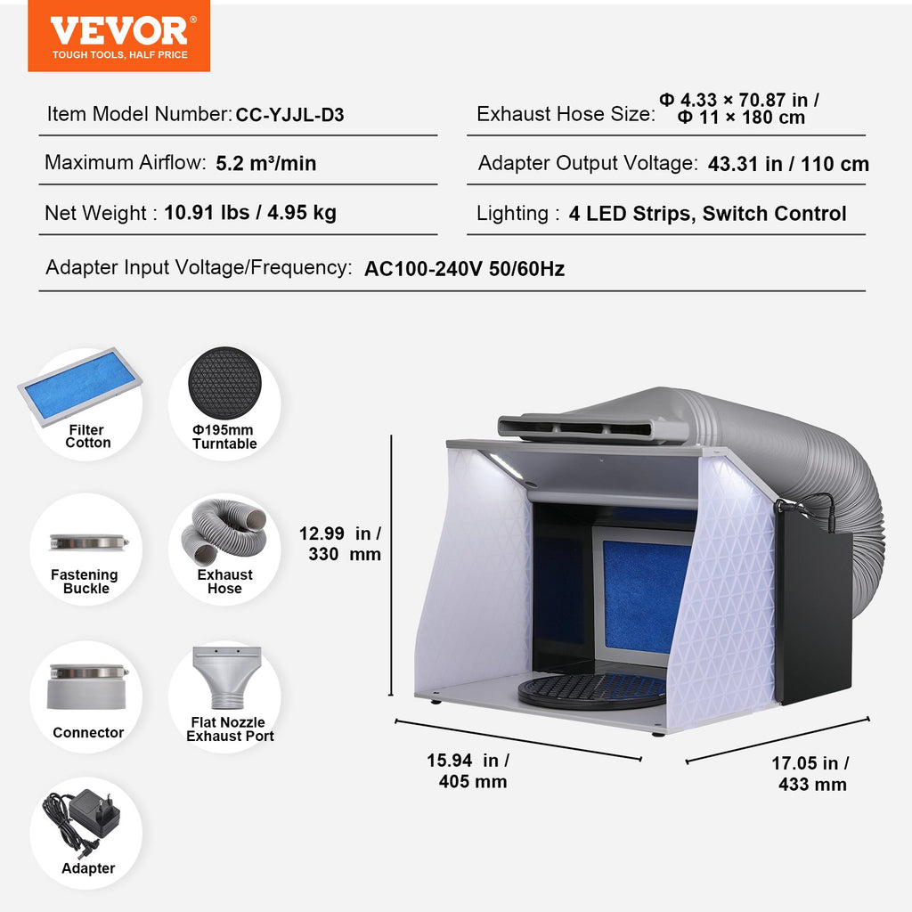 VEVOR Airbrush Spray Booth, Portable Hobby Airbrush Paint Spray Booth Kit with 4 LED Light, Powerful Dual Exhaust Fans, Turntable and 6 ft Extension Hose, for Painting Models, Arts, Crafts, Cakes