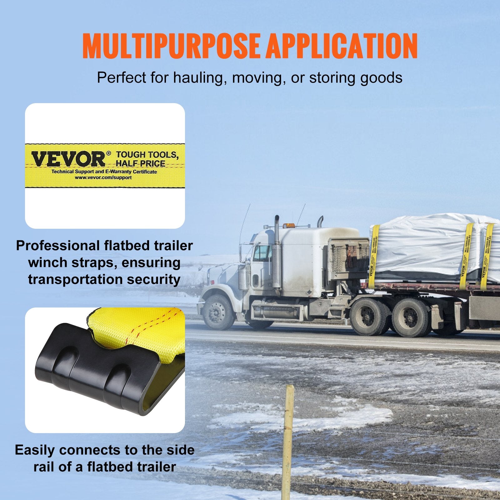 VEVOR Winch Straps, 10.2 cm x 9.1 m, 2.7T Load Capacity, 8.2T Break Strength, Truck Straps with Flat Hook, Flatbed Tie Downs Cargo Control for Trailers, Farms, Rescues, Tree Saver, Yellow (10 Pack)