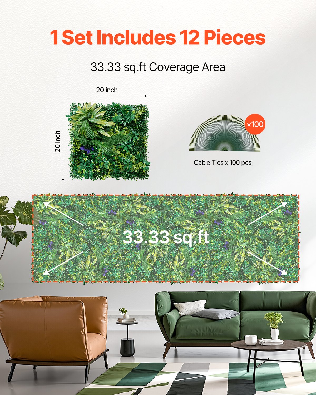 VEVOR Artificial Grass Wall Panels, 12 PCS 20 x 20 inch, 3D Combination Greenery Boxwood  Panel for Indoor Outdoor Green Decor & Ivy Fence Covering, Privacy Backdrop Wall Hedge Screen for Garden