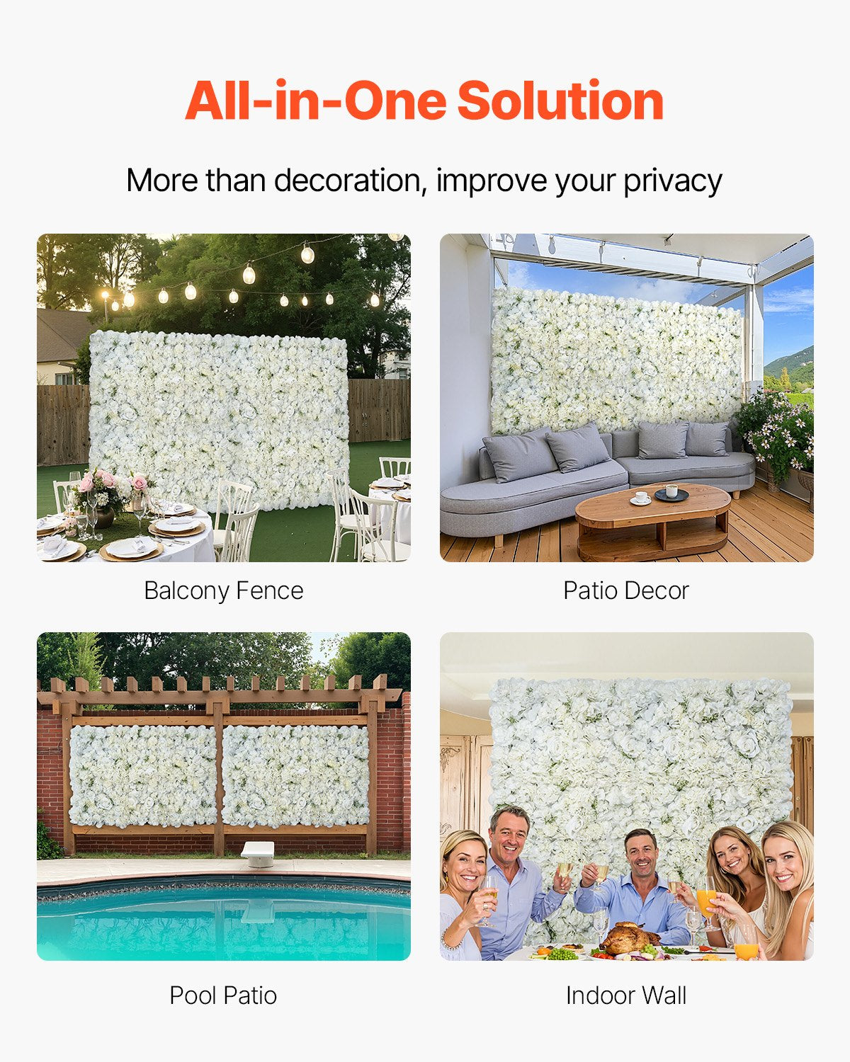 VEVOR 3D Flower Wall Panel, 24 PCS 15 x 15 inch, Artificial Floral Wall Background Mesh Backing Mat,Seamless Design&Easy Installation for Wedding Valentines Day Home Baby Party Backdrop Decor,White