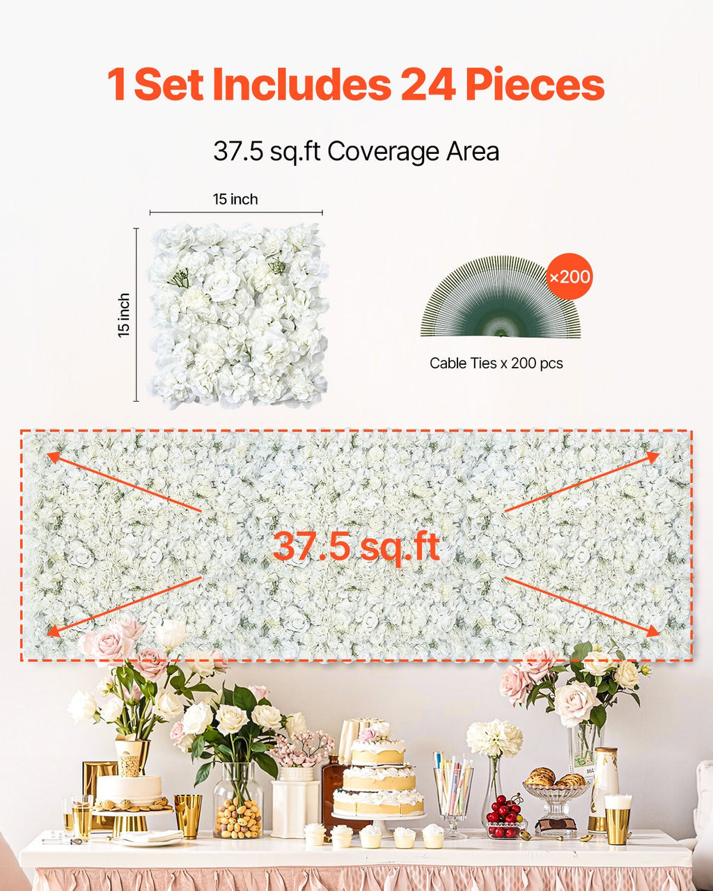 VEVOR 3D Flower Wall Panel, 24 PCS 15 x 15 inch, Artificial Floral Wall Background Mesh Backing Mat,Seamless Design&Easy Installation for Wedding Valentines Day Home Baby Party Backdrop Decor,White