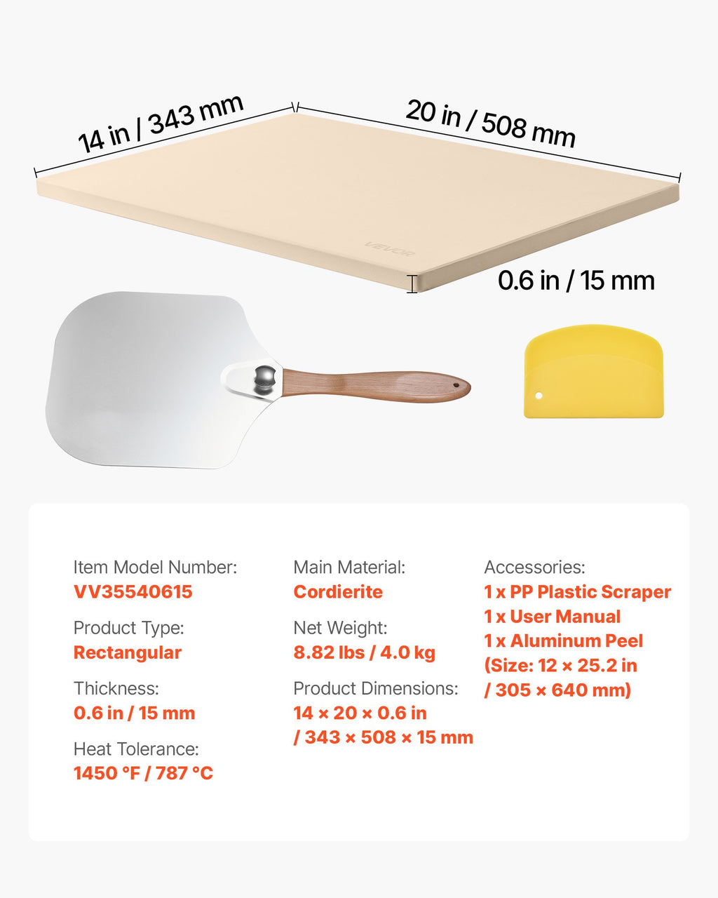 VEVOR Pizza Stone, 508 x 355 mm Rectangular Cordierite Pizza Stone, Extra Large Baking-Stone with Aluminum Peel, 15 mm Thick Heat-Resistant Cordierite, for Oven, Baking Bread & Pizzas, BBQ Grilling