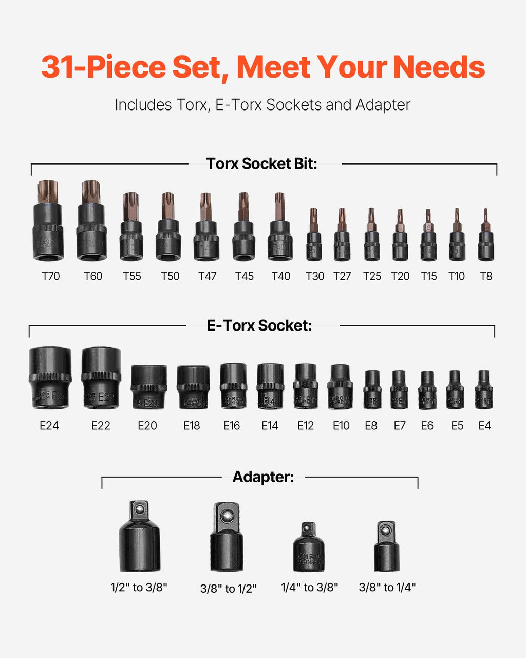 Torx Bit Socket and External Torx Socket Set 31-Piece T8-T70 and E4-E24 Steel