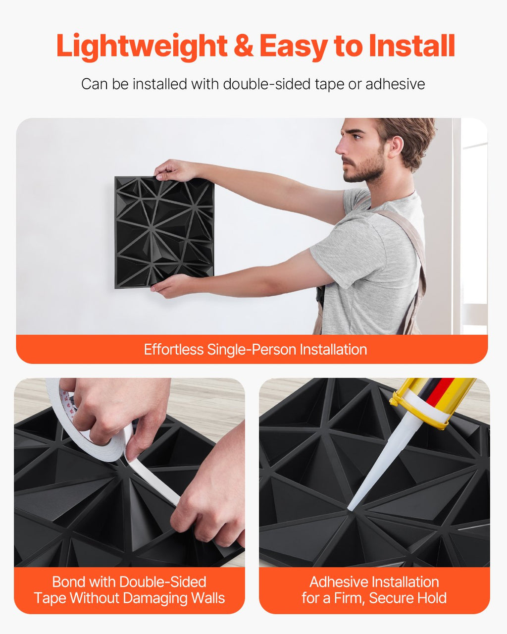 VEVOR 3D Wall Panels, 33-Pack 30 x 30 cm PVC Modern Art Minimalist Diamond Tiles, 2.97 m² Coverage Accent Wall Panel, Interior Home Decor for Ceiling, Bedroom, Living Room, Gaming Room, Matte Black