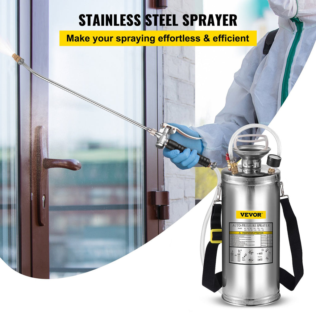 VEVOR 2Gal Stainless Steel Sprayer, Set with 20\" Wand& Handle& 3FT Reinforced Hose, Hand Pump Sprayer with Pressure Gauge&Safety Valve, Adjustable Nozzle Suitable for Gardening and Sanitizing