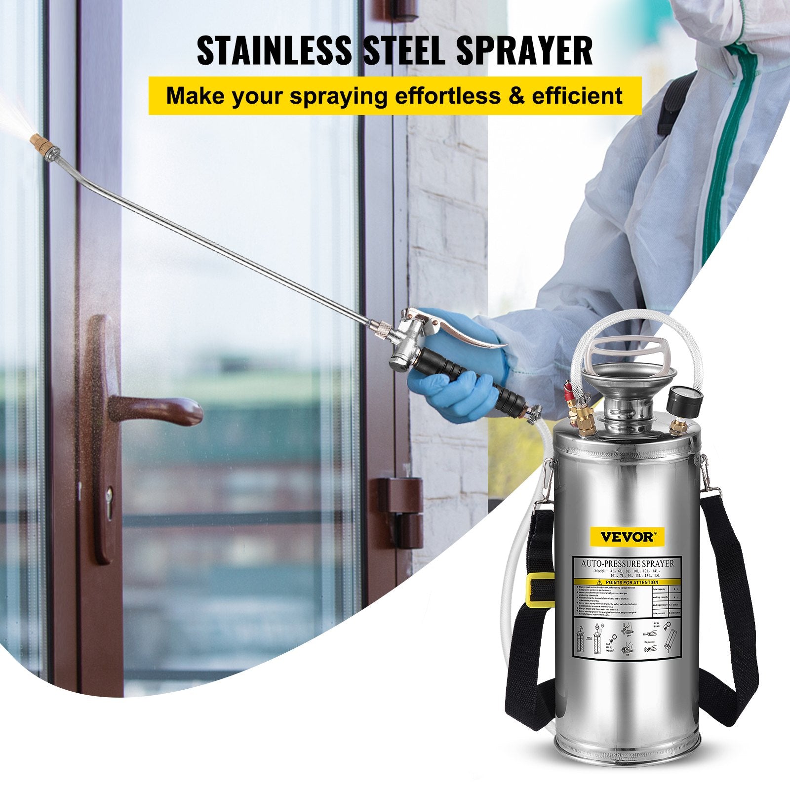 VEVOR 2Gal Stainless Steel Sprayer, Set with 20\" Wand& Handle& 3FT Reinforced Hose, Hand Pump Sprayer with Pressure Gauge&Safety Valve, Adjustable Nozzle Suitable for Gardening and Sanitizing