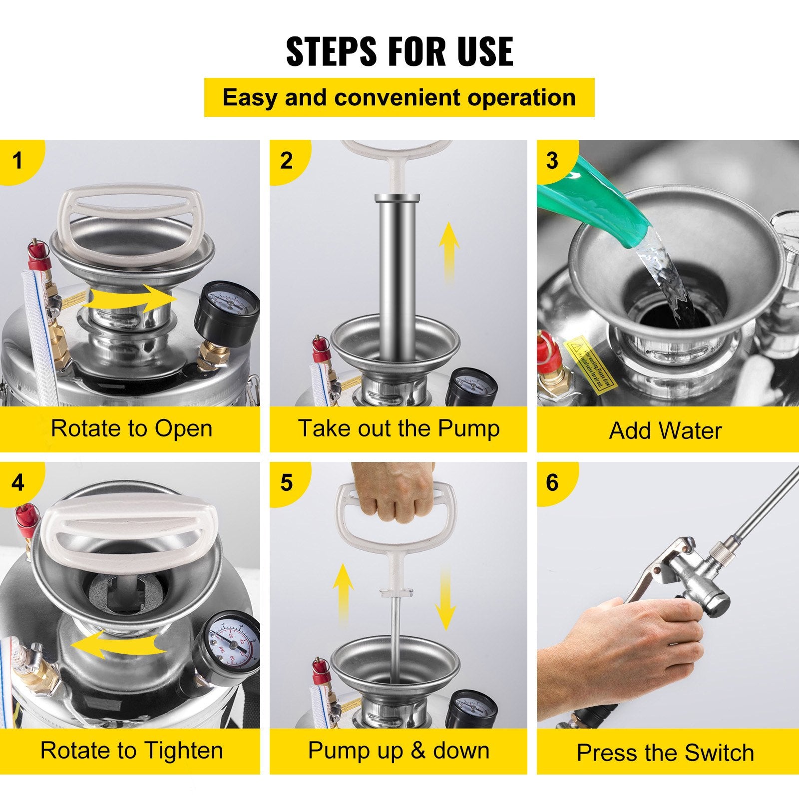 VEVOR 2Gal Stainless Steel Sprayer, Set with 20\" Wand& Handle& 3FT Reinforced Hose, Hand Pump Sprayer with Pressure Gauge&Safety Valve, Adjustable Nozzle Suitable for Gardening and Sanitizing