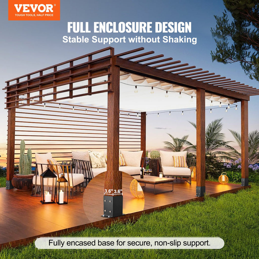 VEVOR 101.6x101.6mm Post Base 4 Pcs, Inner Size 91x91 Post Base Brackets, Heavy Duty Powder-Coated Post Anchor Matte Black Wood Post Brackets for Pavilion Deck Railing Support Deck Base Plate